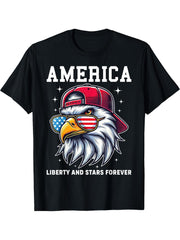 America Liberty & Stars Forever US Flag Cool Bald Eagle USA T-Shirt 180G 100% Cotton Printed Round Neck Short-Sleeve T-Shirt, Gifts for Men Dad Husband Grandpa, S-XXXL, Black