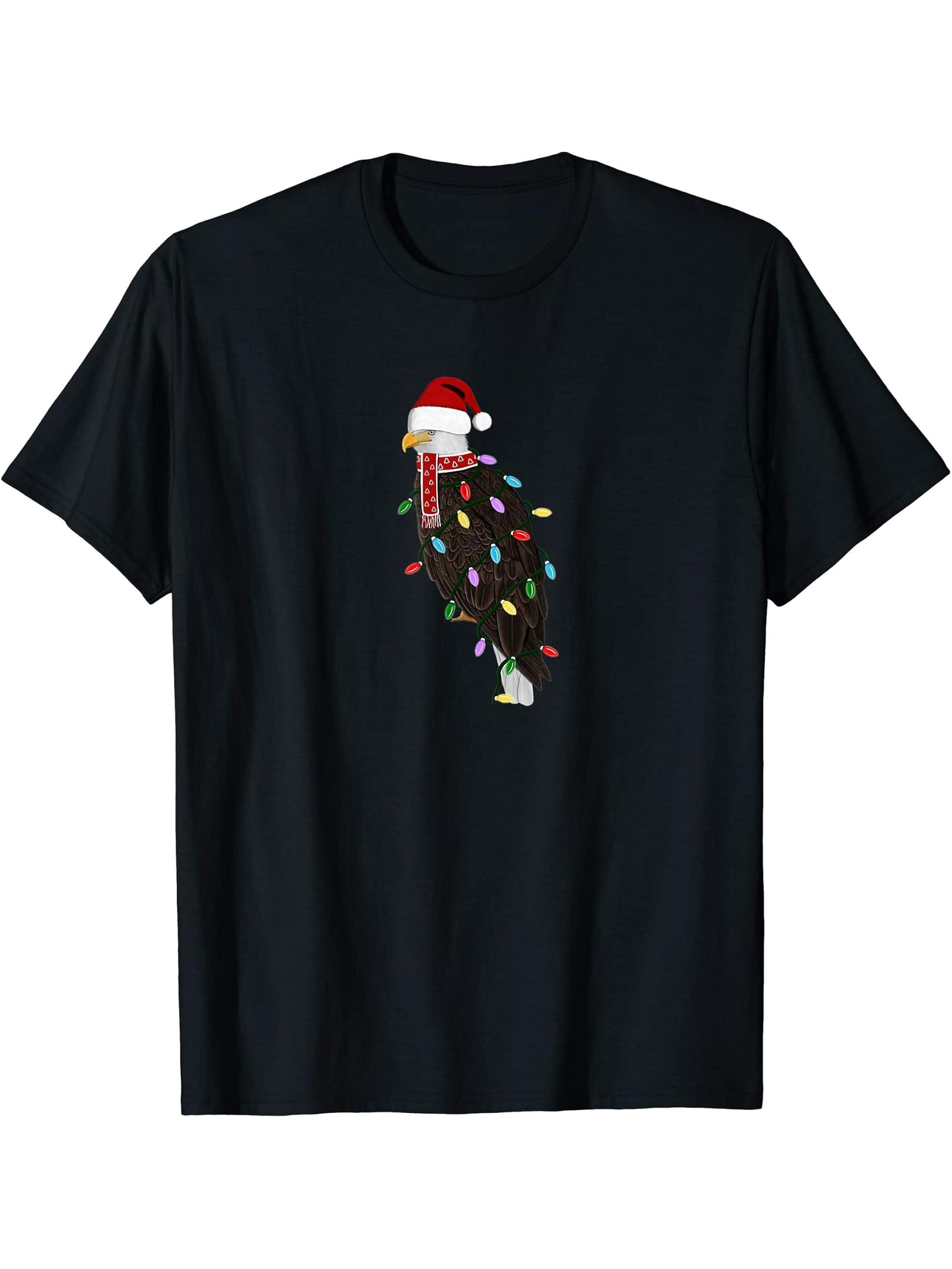 Bald Eagle Christmas Bird Santa Claus Biologist Animal T-Shirt 180G 100% Cotton Printed Round Neck Short-Sleeve T-Shirt, Gifts for Men Dad Husband Grandpa, S-XXXL, Black