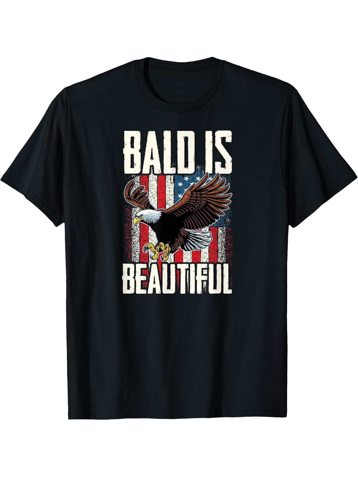 American Flag Bald Is Beautiful Patriotic Bald Guy Eagle T-Shirt 180G 100% Cotton Printed Round Neck Short-Sleeve T-Shirt, Gifts for Men Dad Husband Grandpa, S-XXXL, Black