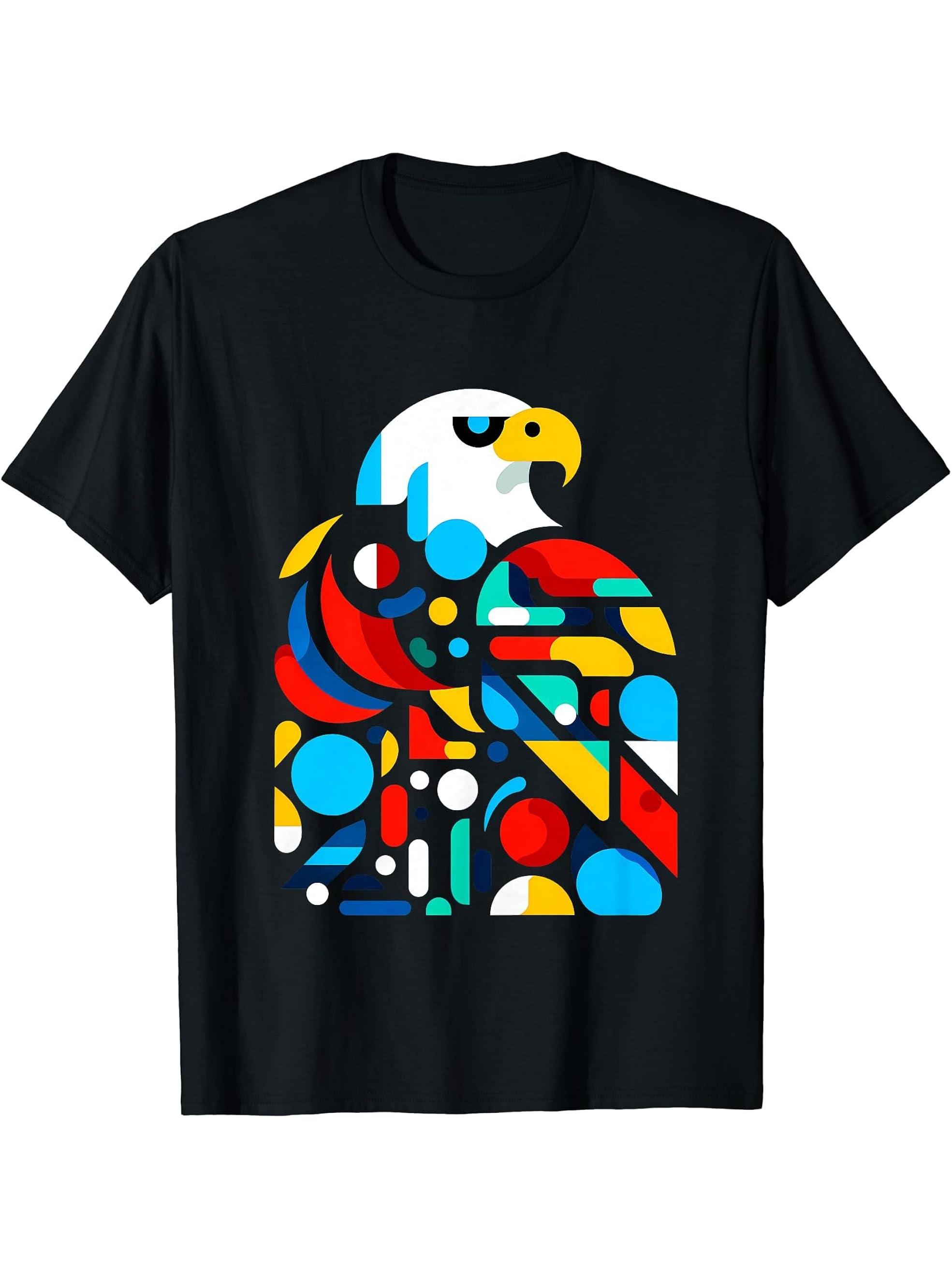 Geometric Minimalism Modern Illustration Bald Eagle Bird Art T-Shirt 180G 100% Cotton Printed Round Neck Short-Sleeve T-Shirt, Gifts for Men Dad Husband Grandpa, S-XXXL, Black