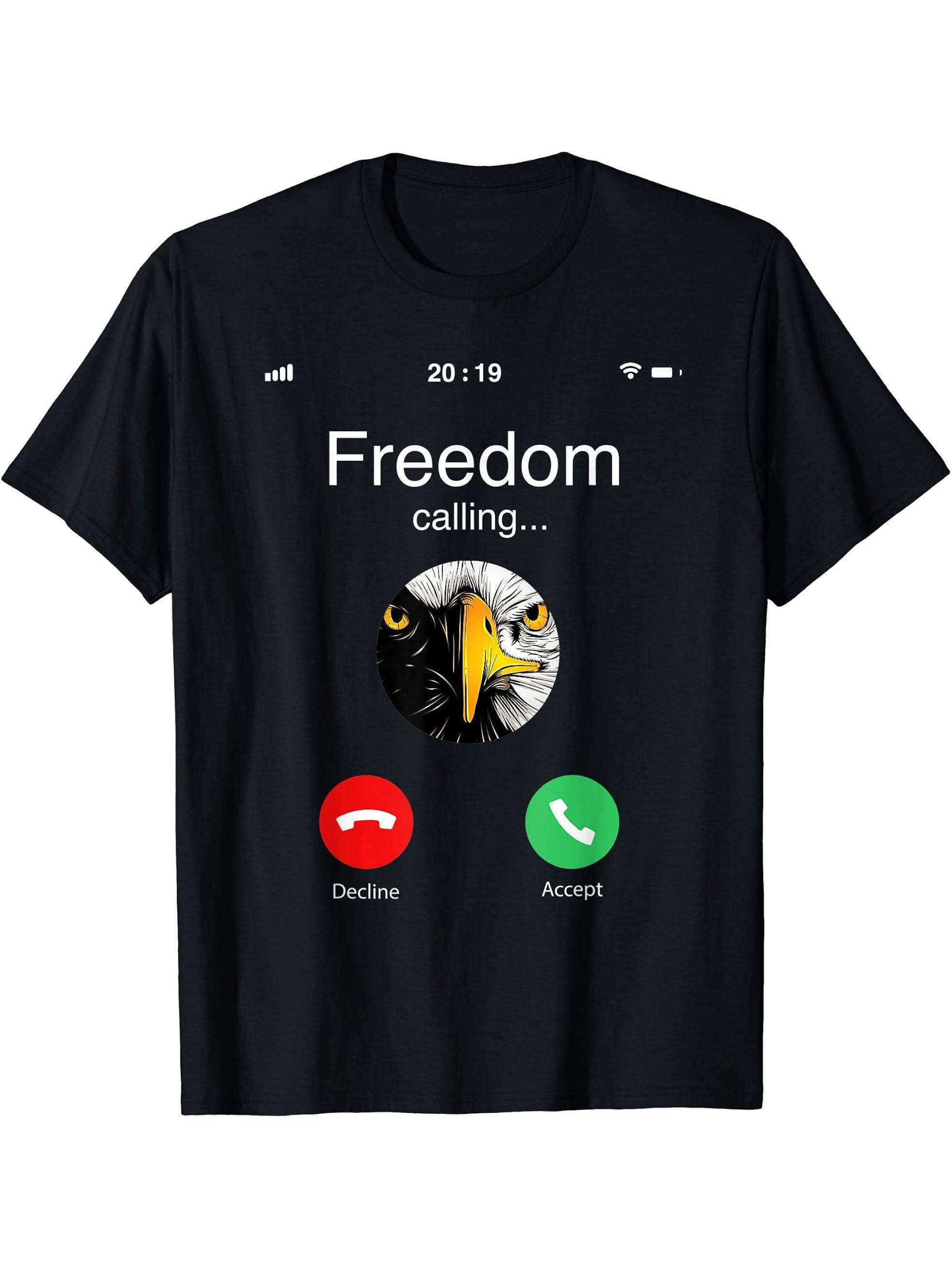 Freedom Calling Bald Eagle Incoming Call Funny 4th of July T-Shirt 180G 100% Cotton Printed Round Neck Short-Sleeve T-Shirt, Gifts for Men Dad Husband Grandpa, S-XXXL, Black
