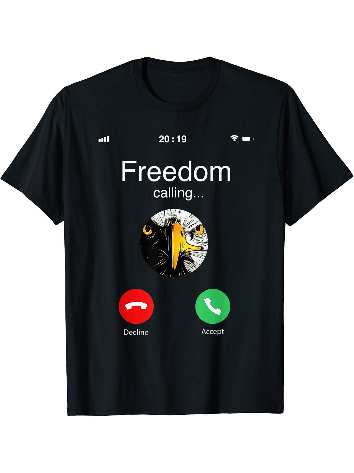 Freedom Calling Bald Eagle Incoming Call Funny 4th of July T-Shirt 180G 100% Cotton Printed Round Neck Short-Sleeve T-Shirt, Gifts for Men Dad Husband Grandpa, S-XXXL, Black