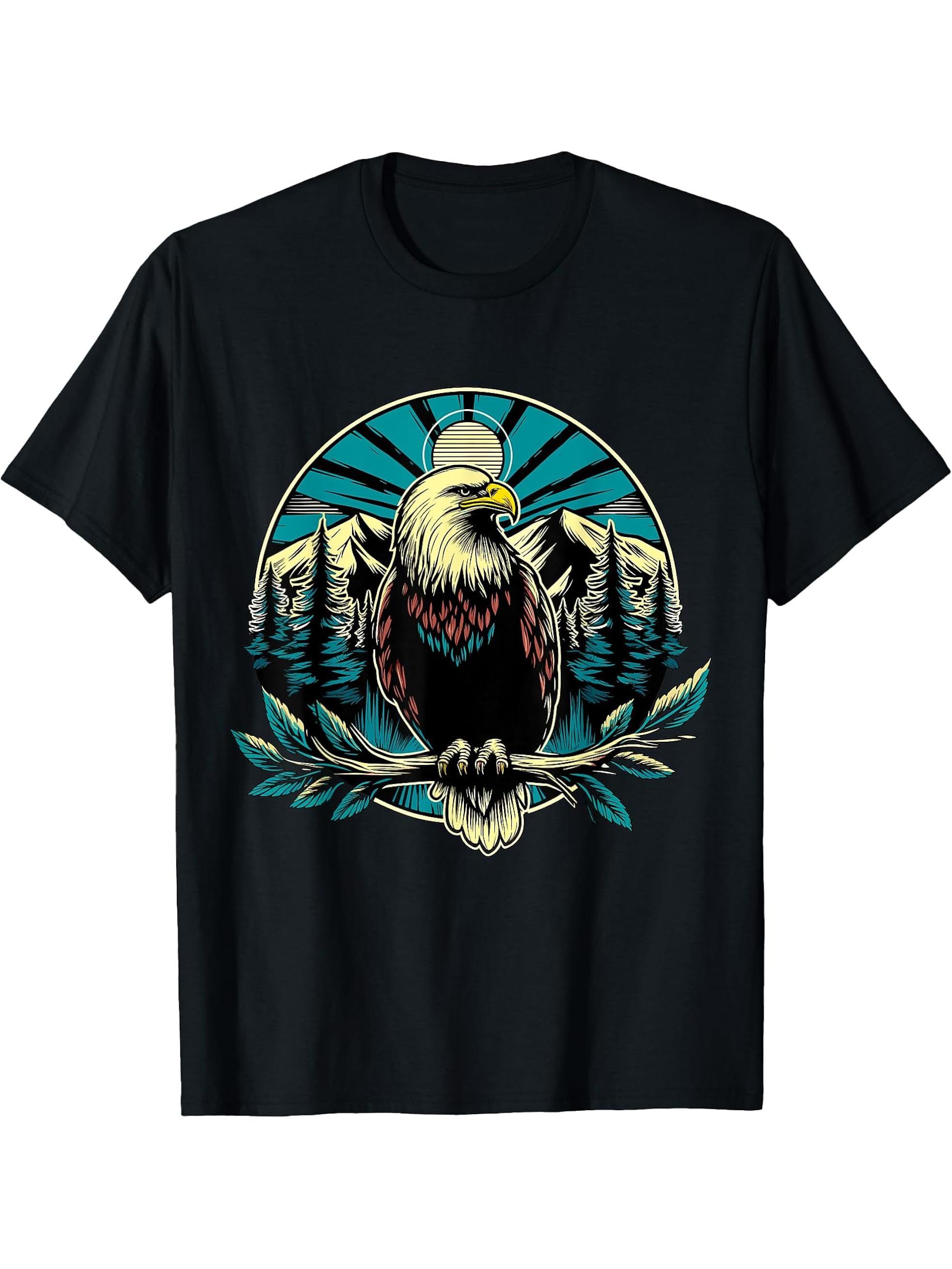 American Bald Eagle Mountains Wildness 4th of July T-Shirt 180G 100% Cotton Printed Round Neck Short-Sleeve T-Shirt, Gifts for Men Dad Husband Grandpa, S-XXXL, Black