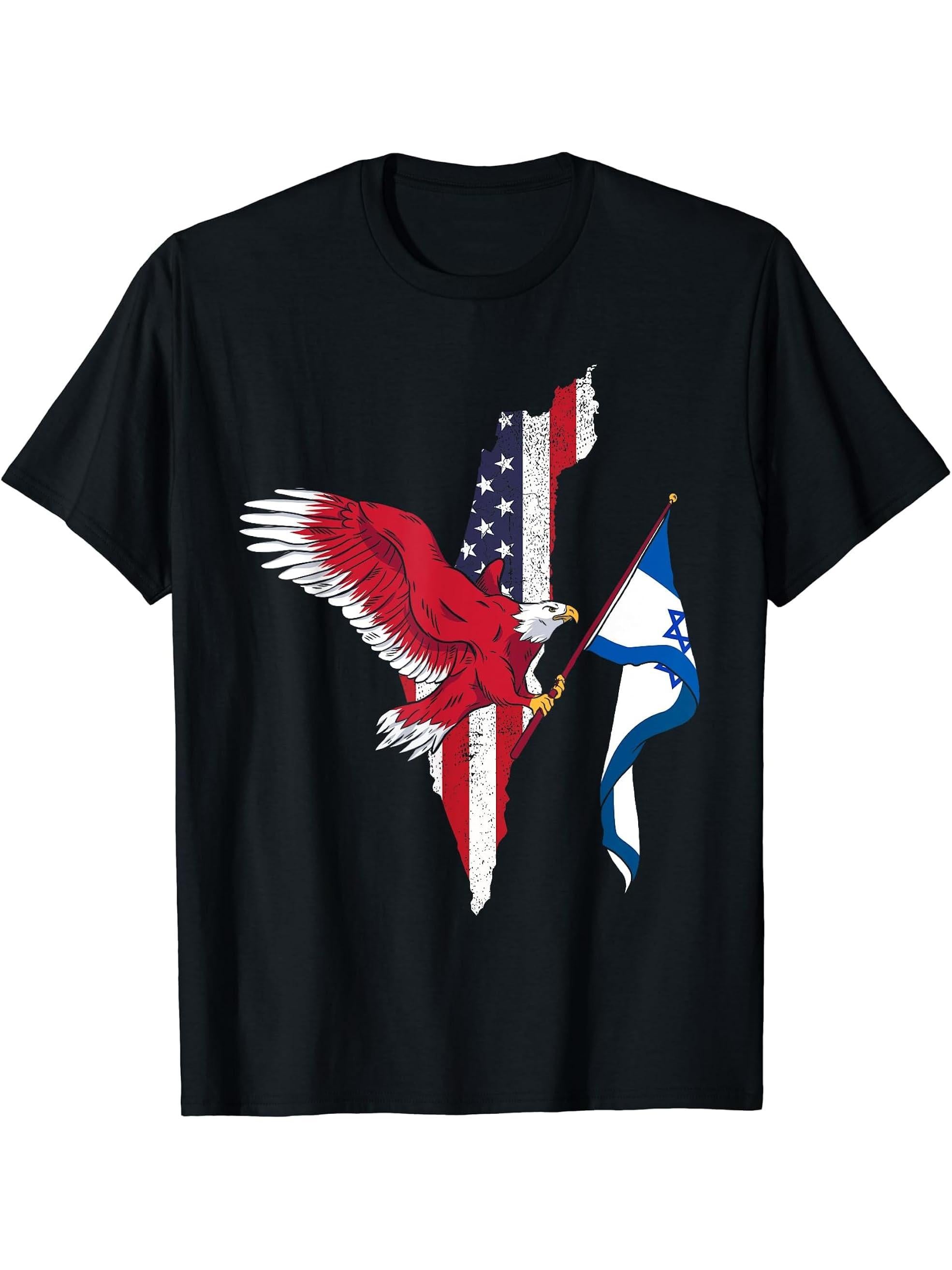 Bald Eagle Israel T-Shirt 180G 100% Cotton Printed Round Neck Short-Sleeve T-Shirt, Gifts for Men Dad Husband Grandpa, S-XXXL, Black