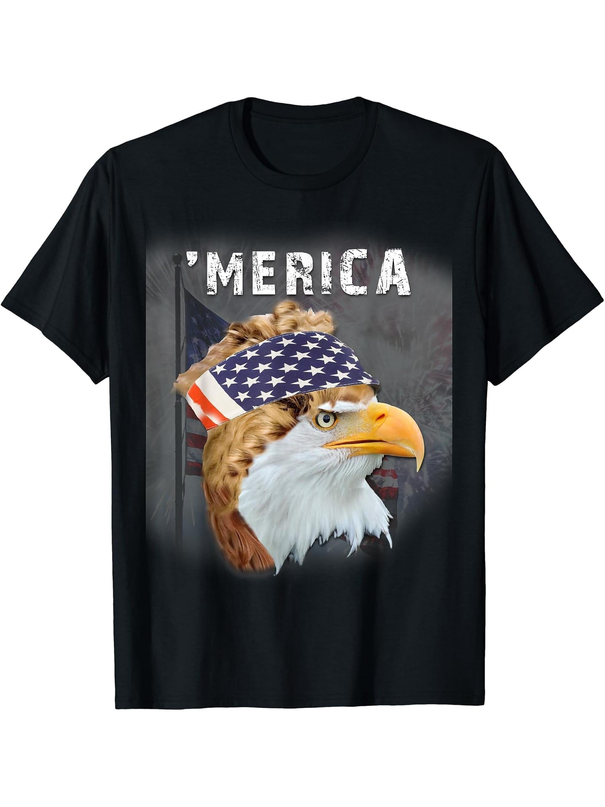 Bald Eagle 'Merica Patriotic T-shirt 180G 100% Cotton Printed Round Neck Short-Sleeve T-Shirt, Gifts for Men Dad Husband Grandpa, S-XXXL, Black