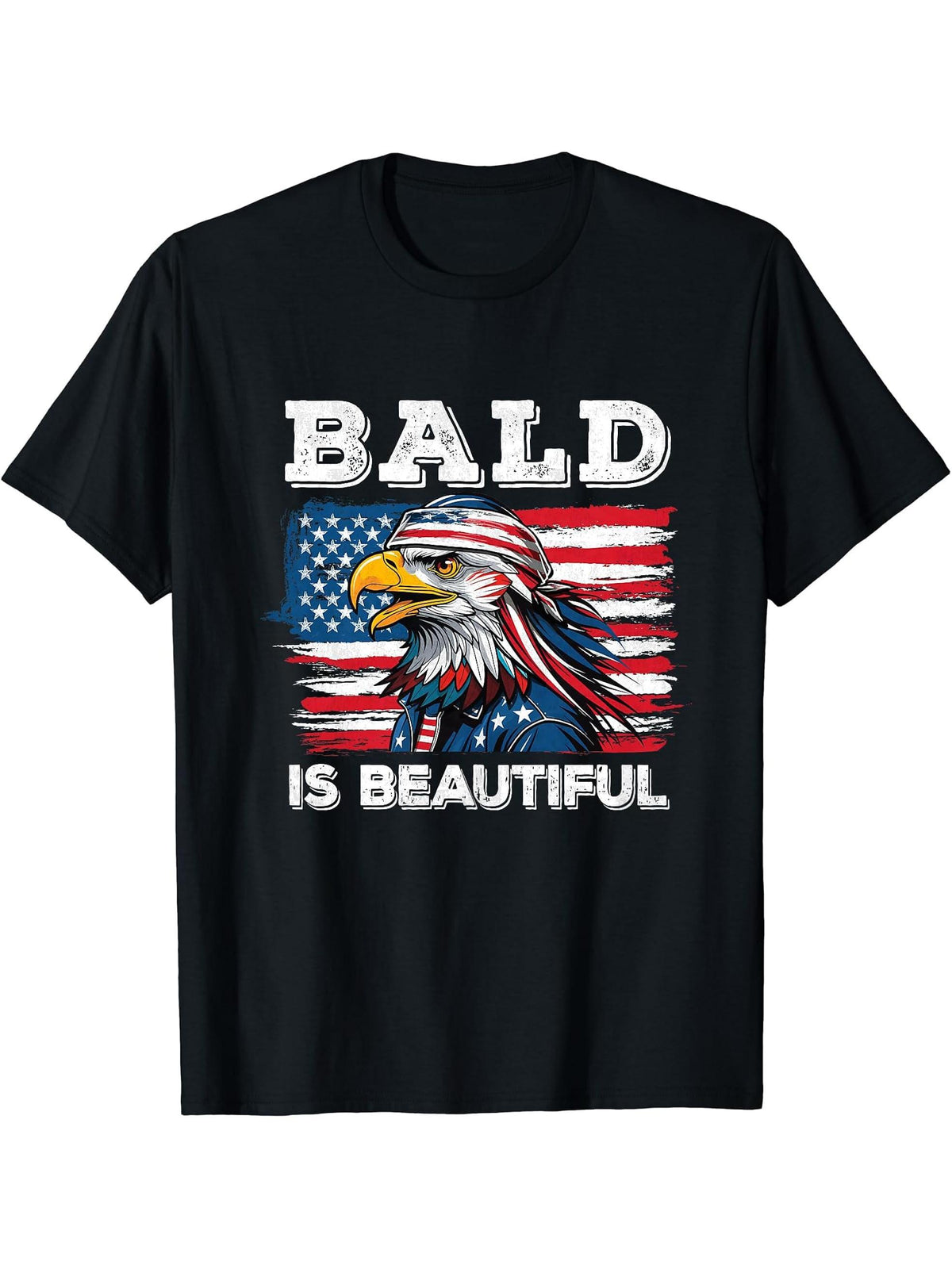 Bald Is Beautiful Eagle 4th July Independence Day T-Shirt 180G 100% Cotton Printed Round Neck Short-Sleeve T-Shirt, Gifts for Men Dad Husband Grandpa, S-XXXL, Black