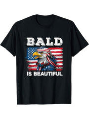 Bald Is Beautiful Eagle 4th July Independence Day T-Shirt 180G 100% Cotton Printed Round Neck Short-Sleeve T-Shirt, Gifts for Men Dad Husband Grandpa, S-XXXL, Black