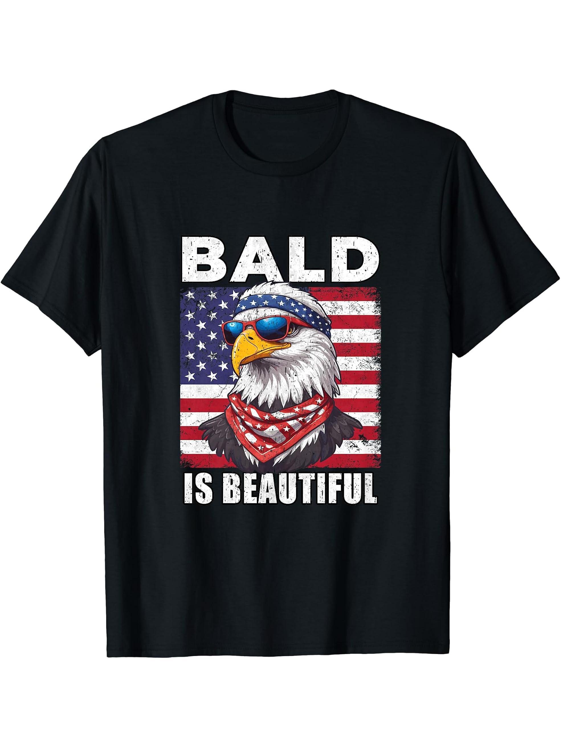 Bald Is Beautiful Eagle 4th July Independence Day T-Shirt 180G 100% Cotton Printed Round Neck Short-Sleeve T-Shirt, Gifts for Men Dad Husband Grandpa, S-XXXL, Black