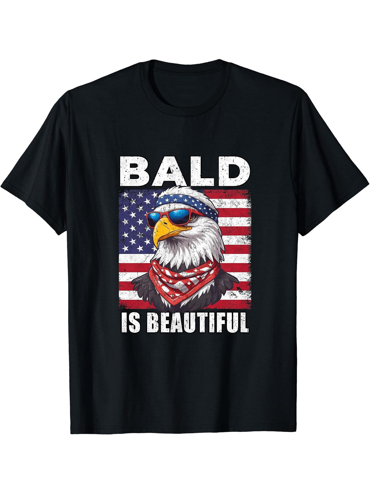 Bald Is Beautiful Eagle 4th July Independence Day T-Shirt 180G 100% Cotton Printed Round Neck Short-Sleeve T-Shirt, Gifts for Men Dad Husband Grandpa, S-XXXL, Black