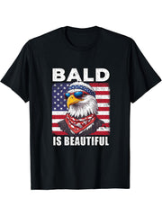 Bald Is Beautiful Eagle 4th July Independence Day T-Shirt 180G 100% Cotton Printed Round Neck Short-Sleeve T-Shirt, Gifts for Men Dad Husband Grandpa, S-XXXL, Black