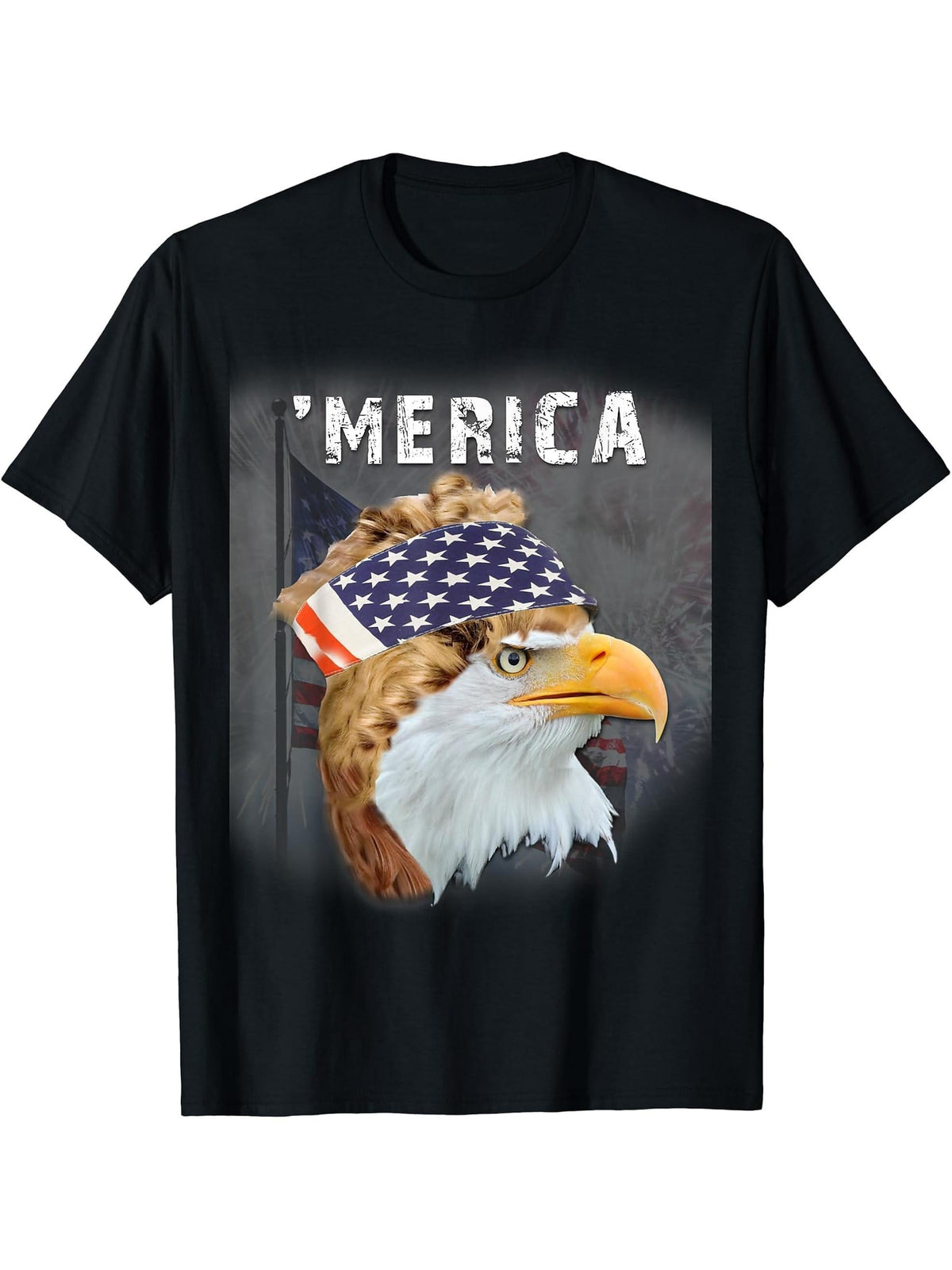 Bald Eagle 'Merica Patriotic T-shirt 180G 100% Cotton Printed Round Neck Short-Sleeve T-Shirt, Gifts for Men Dad Husband Grandpa, S-XXXL, Black