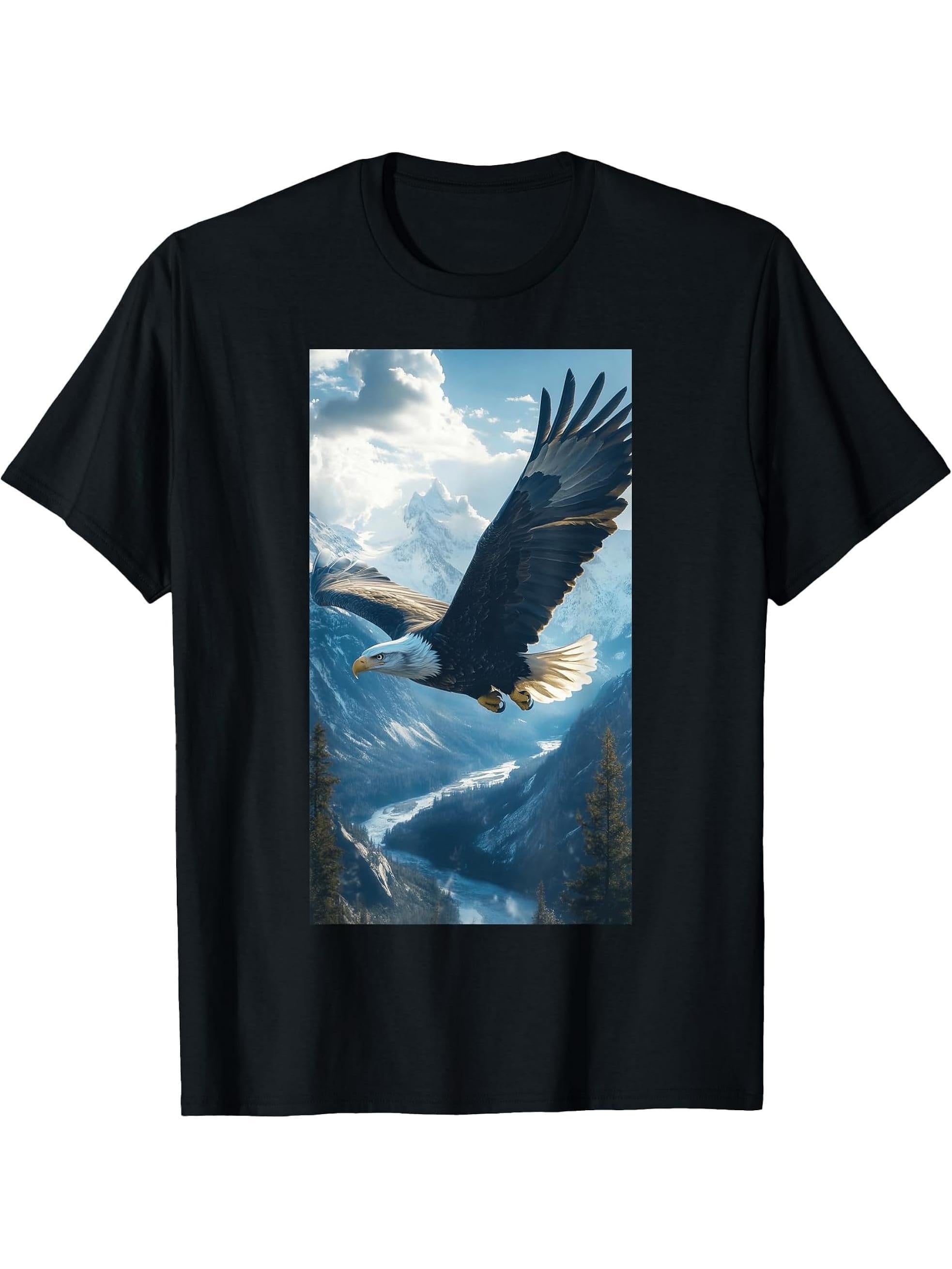 Bald Eagle Mountains Fish Wildlife Nature lover T-Shirt 180G 100% Cotton Printed Round Neck Short-Sleeve T-Shirt, Gifts for Men Dad Husband Grandpa, S-XXXL, Black