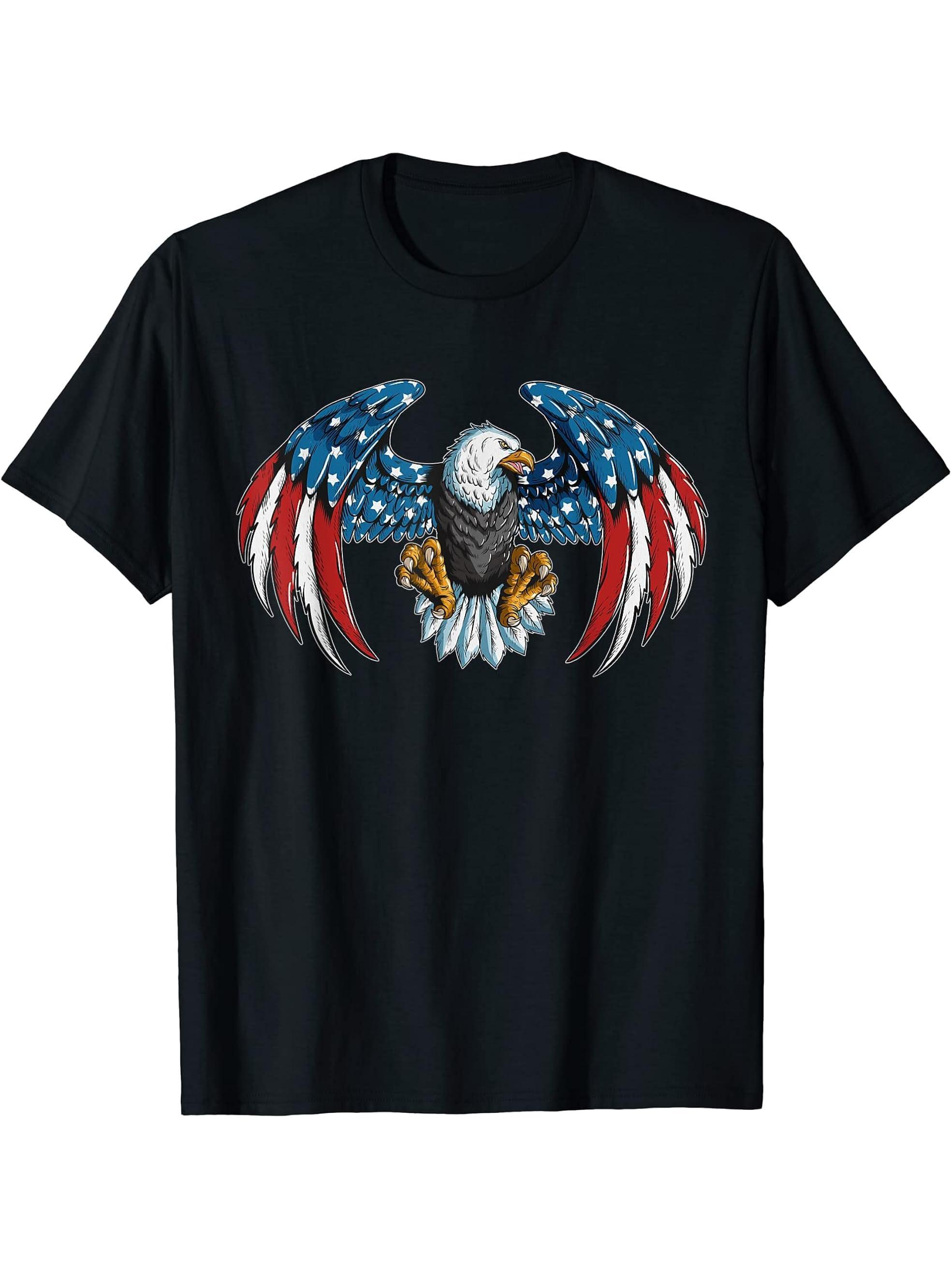 Bird Of Prey America Flag Eagle Bald Eagle Bird Of Prey T-Shirt 180G 100% Cotton Printed Round Neck Short-Sleeve T-Shirt, Gifts for Men Dad Husband Grandpa, S-XXXL, Black