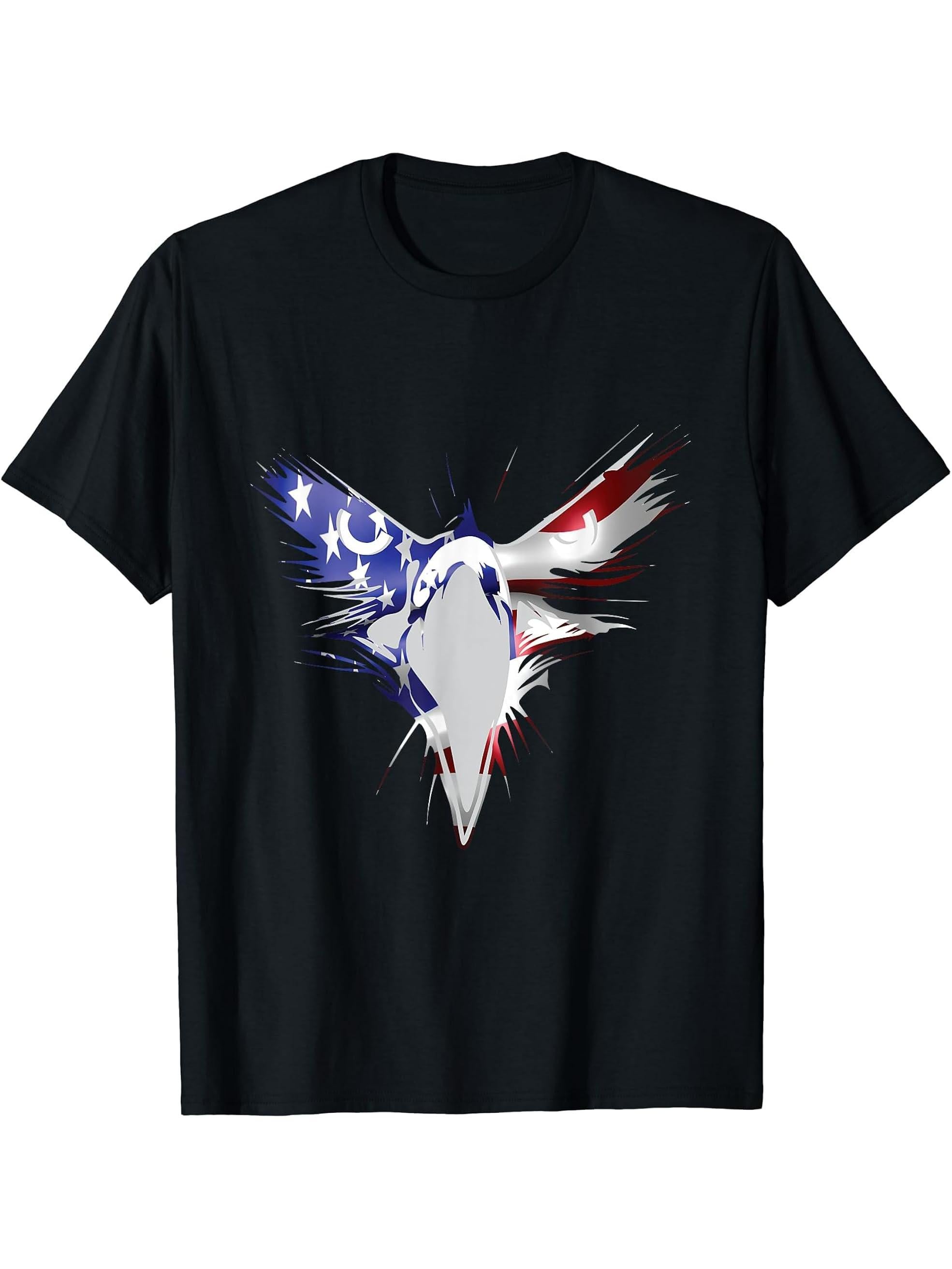 Bald Eagle US American Flag 4th Of July Proud Patriotic T-Shirt 180G 100% Cotton Printed Round Neck Short-Sleeve T-Shirt, Gifts for Men Dad Husband Grandpa, S-XXXL, Black