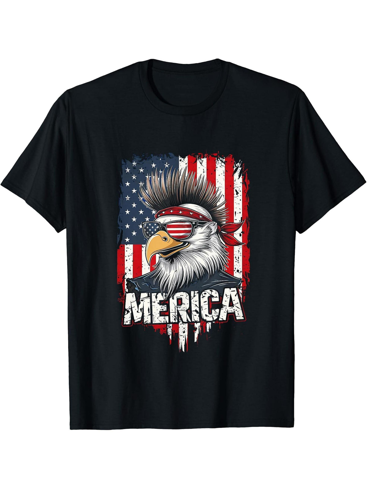 America Bald Eagle USA Patriotic Fourth of July Distressed T-Shirt 180G 100% Cotton Printed Round Neck Short-Sleeve T-Shirt, Gifts for Men Dad Husband Grandpa, S-XXXL, Black