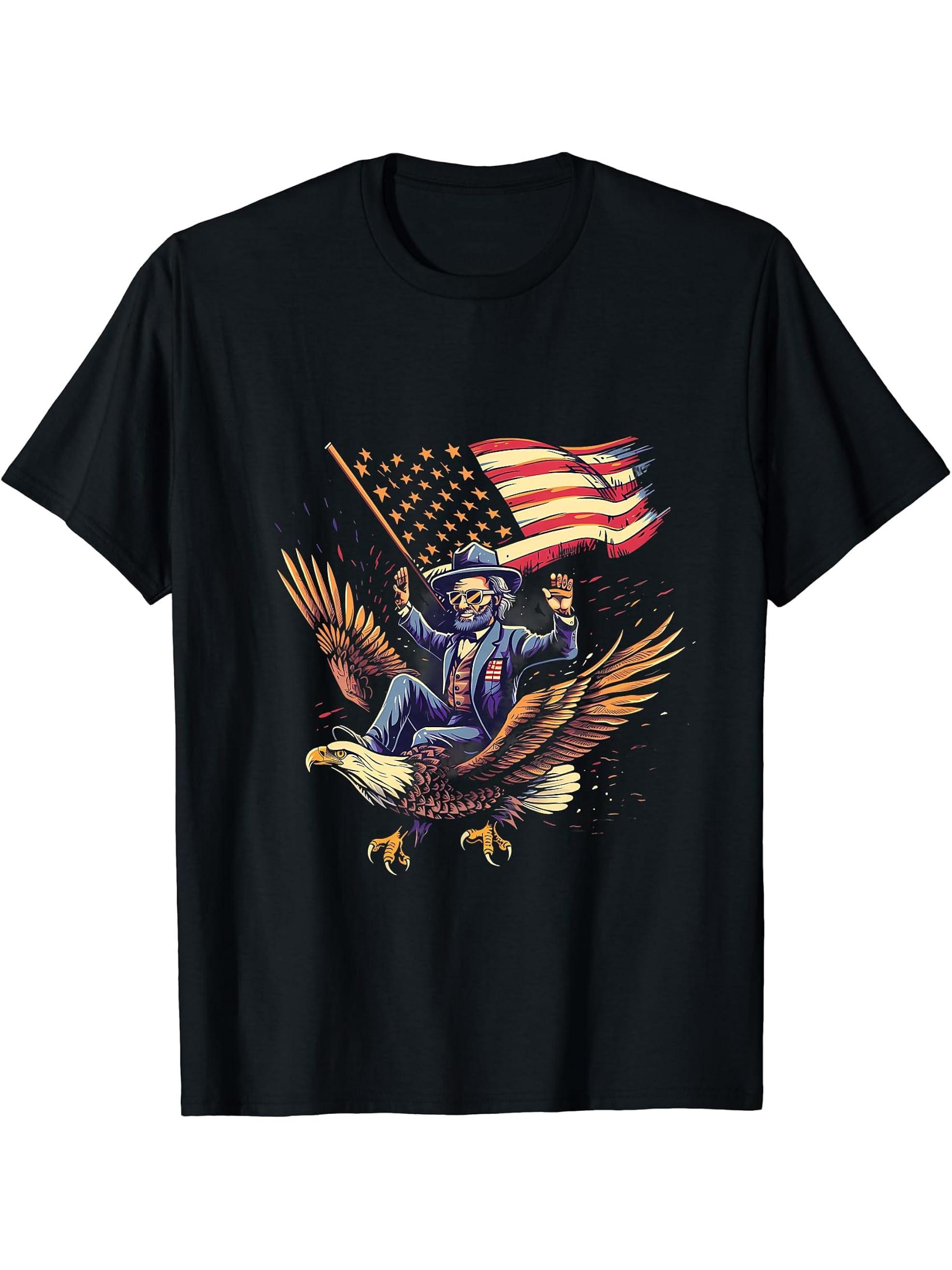 Fourth Of July Abraham Lincoln Bald Eagle American Flag T-Shirt 180G 100% Cotton Printed Round Neck Short-Sleeve T-Shirt, Gifts for Men Dad Husband Grandpa, S-XXXL, Black