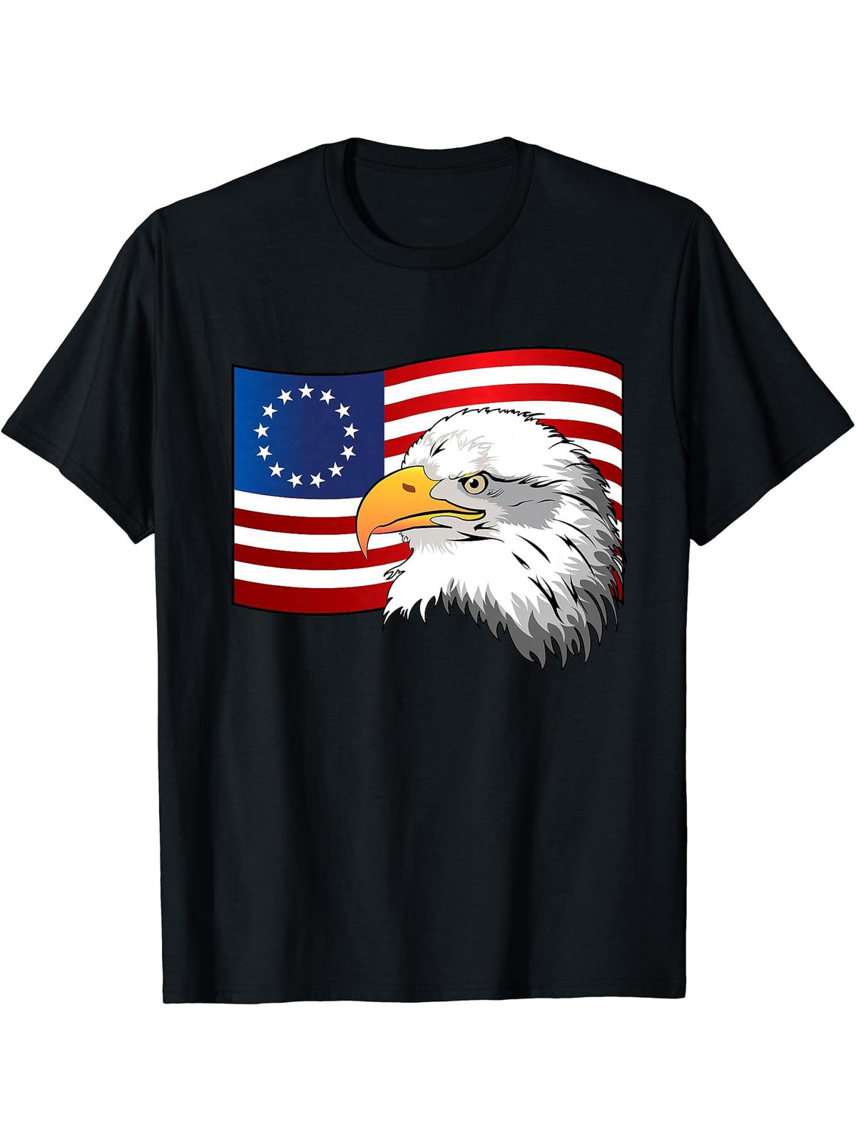 Betsy Ross Flag 13 Colonies 1776 American Bald Eagle T-Shirt 180G 100% Cotton Printed Round Neck Short-Sleeve T-Shirt, Gifts for Men Dad Husband Grandpa, S-XXXL, Black