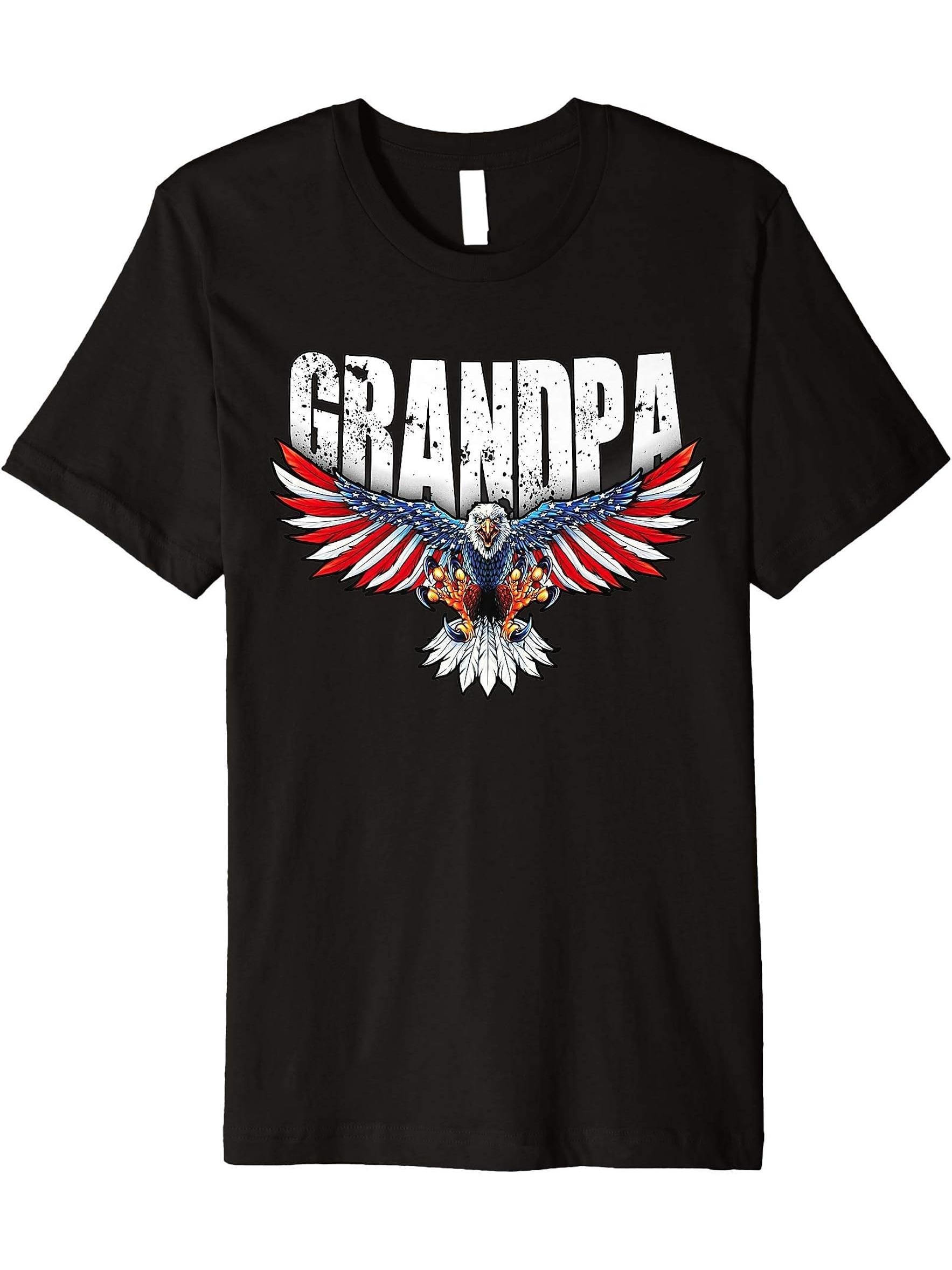 Grandpa Vintage USA Flag Bald Eagle Patriotic 4th of July Premium T-Shirt 180G 100% Cotton Printed Round Neck Short-Sleeve T-Shirt, Gifts for Men Dad Husband Grandpa, S-XXXL, Black