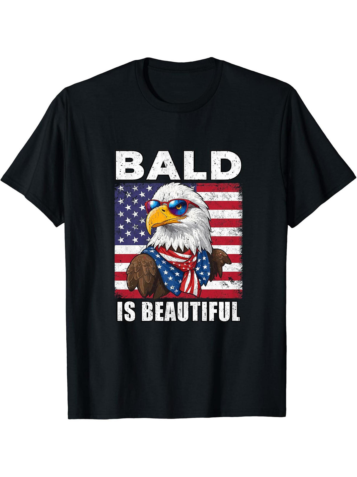Bald Is Beautiful Eagle 4th Of July Independence Day T-Shirt 180G 100% Cotton Printed Round Neck Short-Sleeve T-Shirt, Gifts for Men Dad Husband Grandpa, S-XXXL, Black