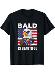 Bald Is Beautiful Eagle 4th Of July Independence Day T-Shirt 180G 100% Cotton Printed Round Neck Short-Sleeve T-Shirt, Gifts for Men Dad Husband Grandpa, S-XXXL, Black