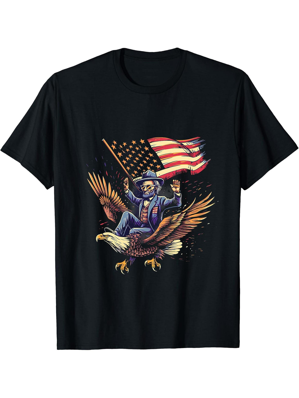 Fourth Of July Abraham Lincoln Bald Eagle American Flag T-Shirt 180G 100% Cotton Printed Round Neck Short-Sleeve T-Shirt, Gifts for Men Dad Husband Grandpa, S-XXXL, Black