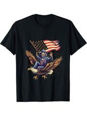 Fourth Of July Abraham Lincoln Bald Eagle American Flag T-Shirt 180G 100% Cotton Printed Round Neck Short-Sleeve T-Shirt, Gifts for Men Dad Husband Grandpa, S-XXXL, Black