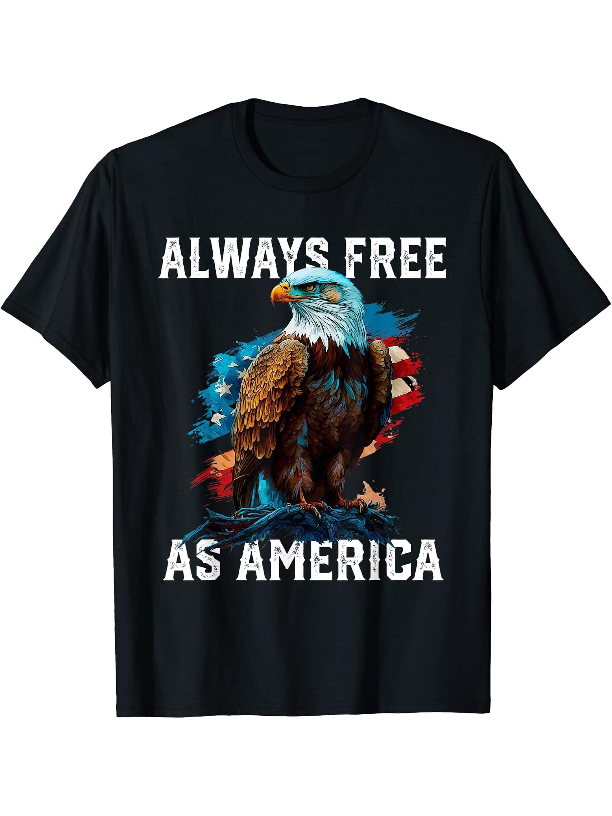 Always Free as America American Bald Eagle USA Flag T-Shirt 180G 100% Cotton Printed Round Neck Short-Sleeve T-Shirt, Gifts for Men Dad Husband Grandpa, S-XXXL, Black