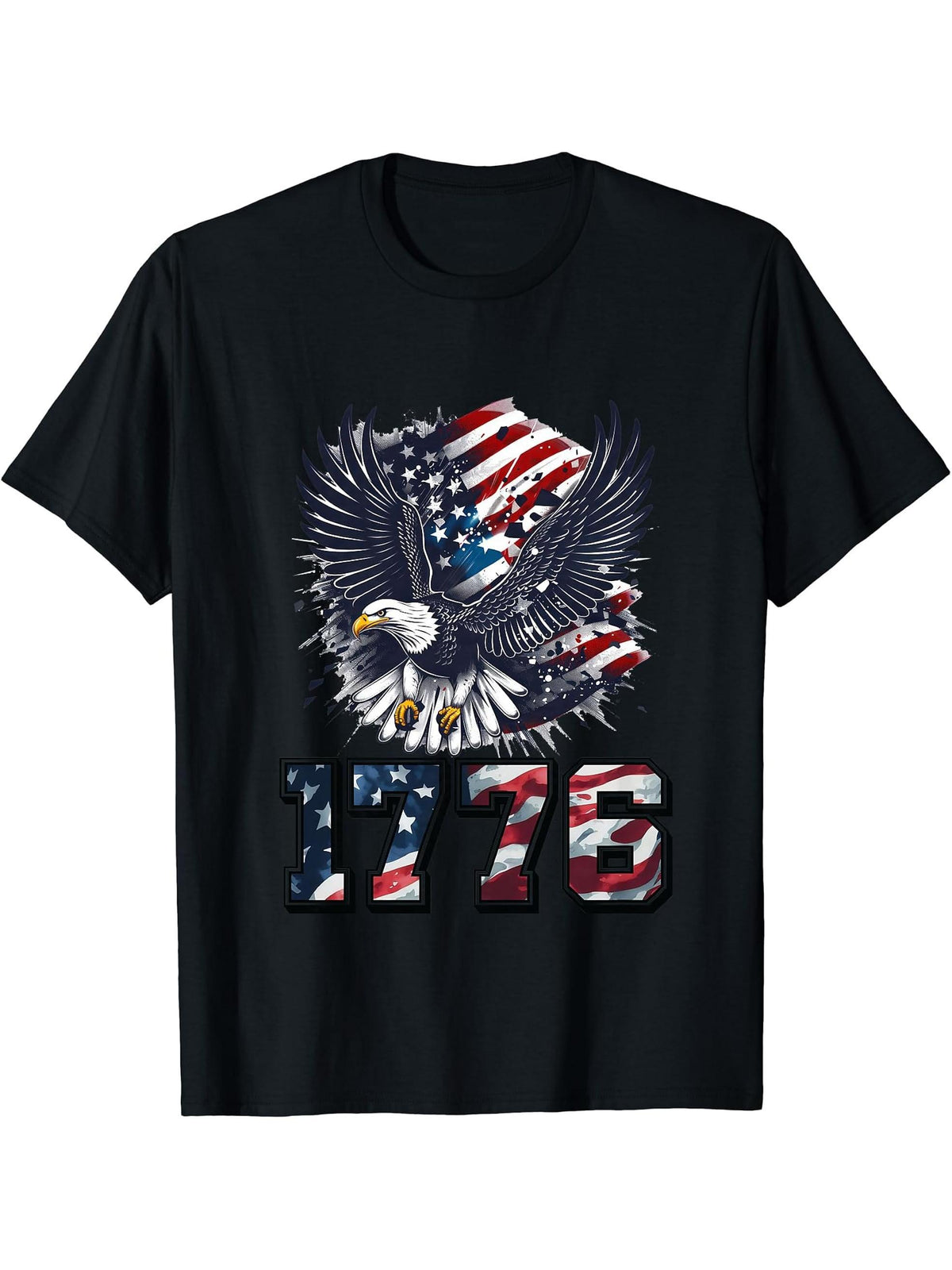 American Bald Eagle US Flag Declaration of Independence 1776 T-Shirt 180G 100% Cotton Printed Round Neck Short-Sleeve T-Shirt, Gifts for Men Dad Husband Grandpa, S-XXXL, Black