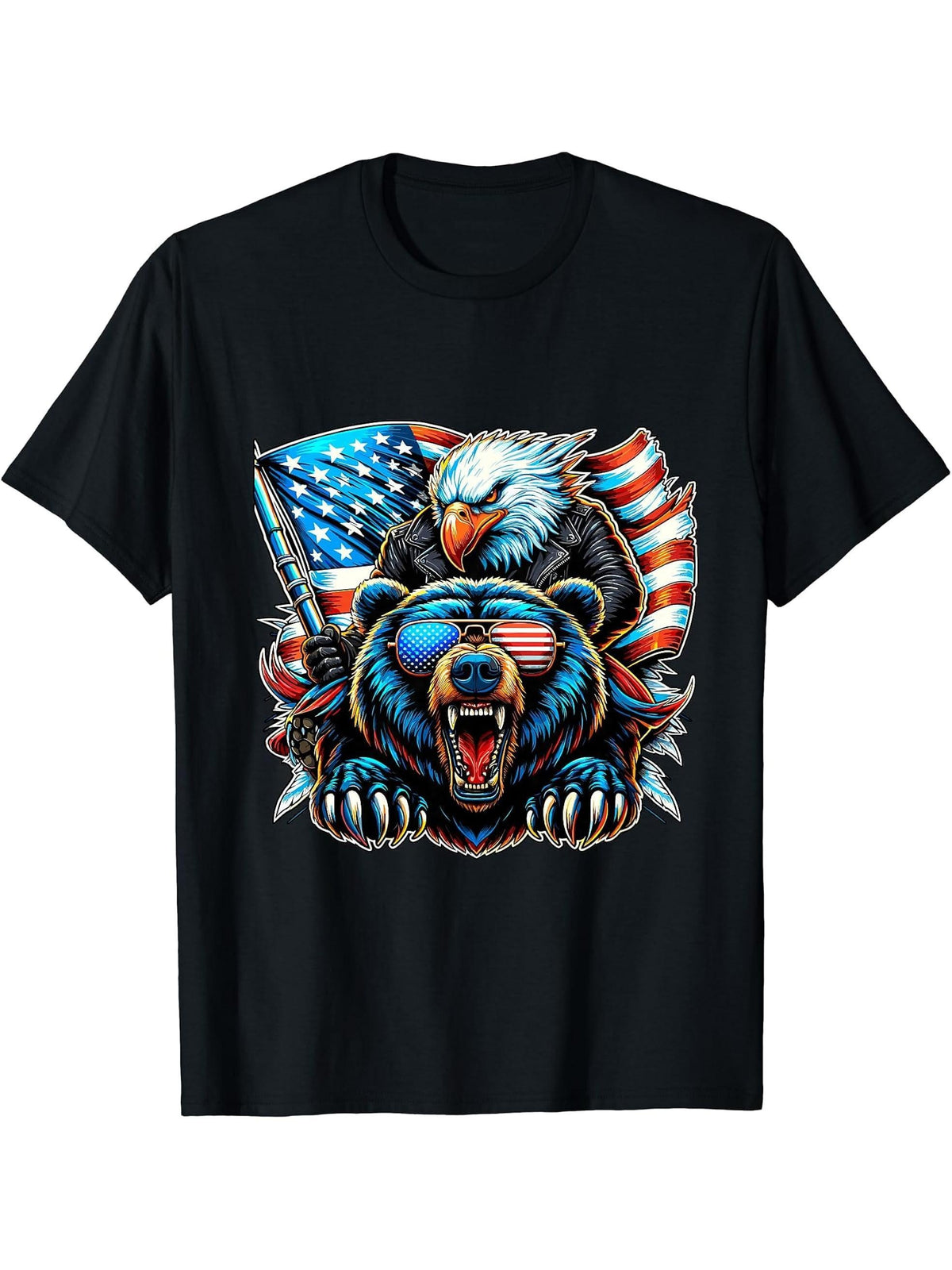American Bald Eagle and Bear with USA Flag 4th of July T-Shirt 180G 100% Cotton Printed Round Neck Short-Sleeve T-Shirt, Gifts for Men Dad Husband Grandpa, S-XXXL, Black