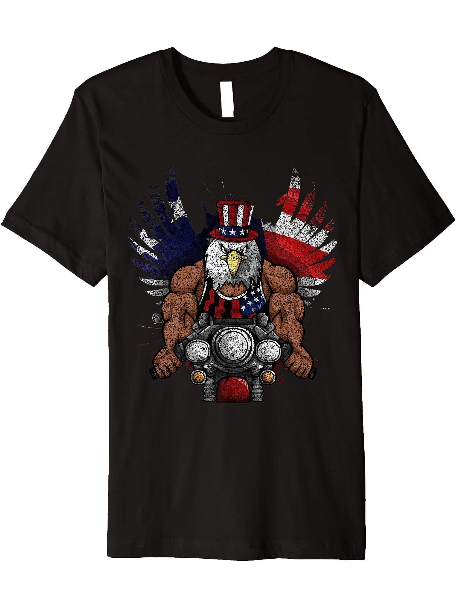 American Flag Muscular Bald Eagle Bike Flexing Uncle Sam Premium T-Shirt 180G 100% Cotton Printed Round Neck Short-Sleeve T-Shirt, Gifts for Men Dad Husband Grandpa, S-XXXL, Black