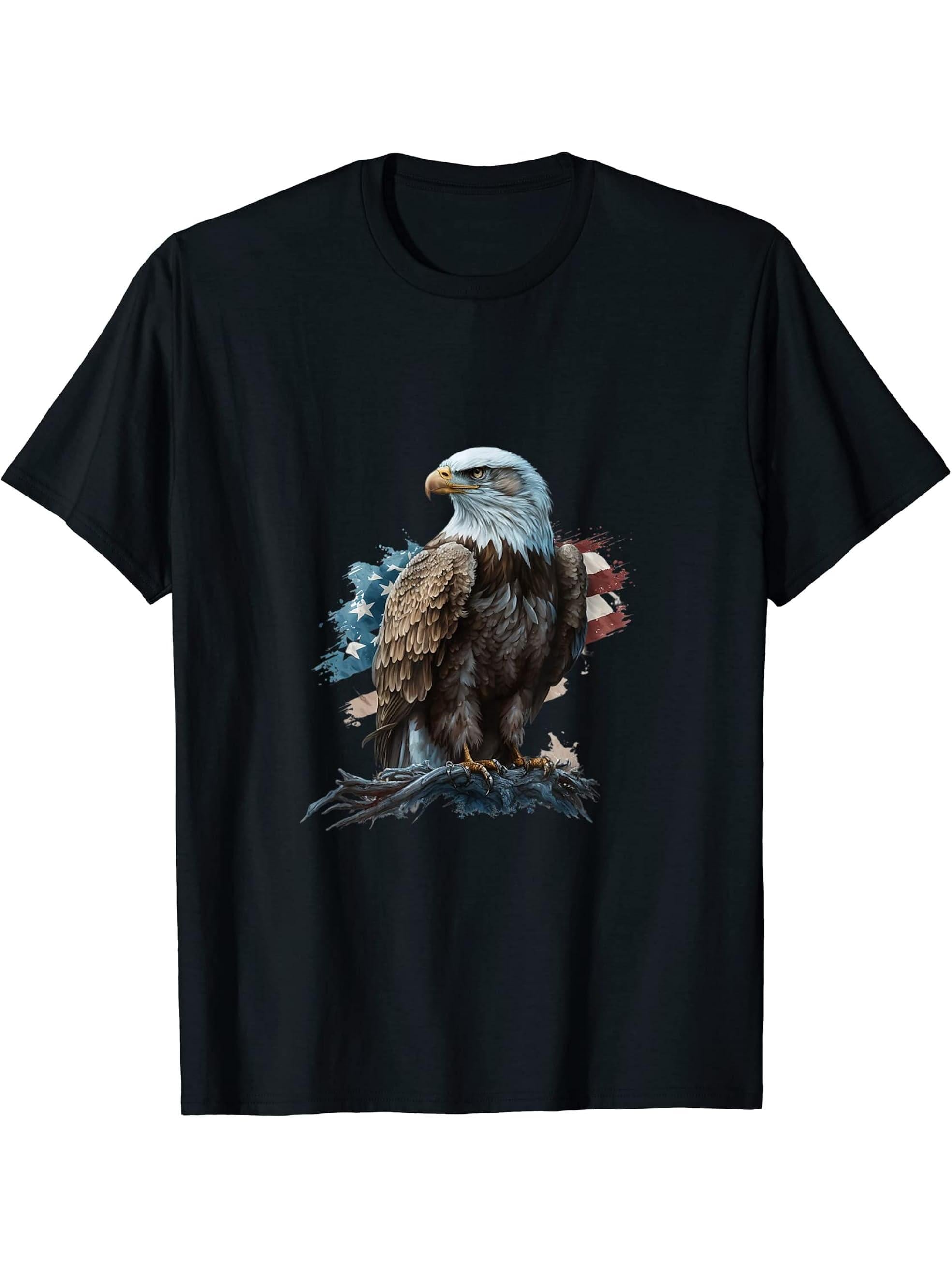 American Flag I USA I Patriotic American Bald Eagle T-Shirt 180G 100% Cotton Printed Round Neck Short-Sleeve T-Shirt, Gifts for Men Dad Husband Grandpa, S-XXXL, Black