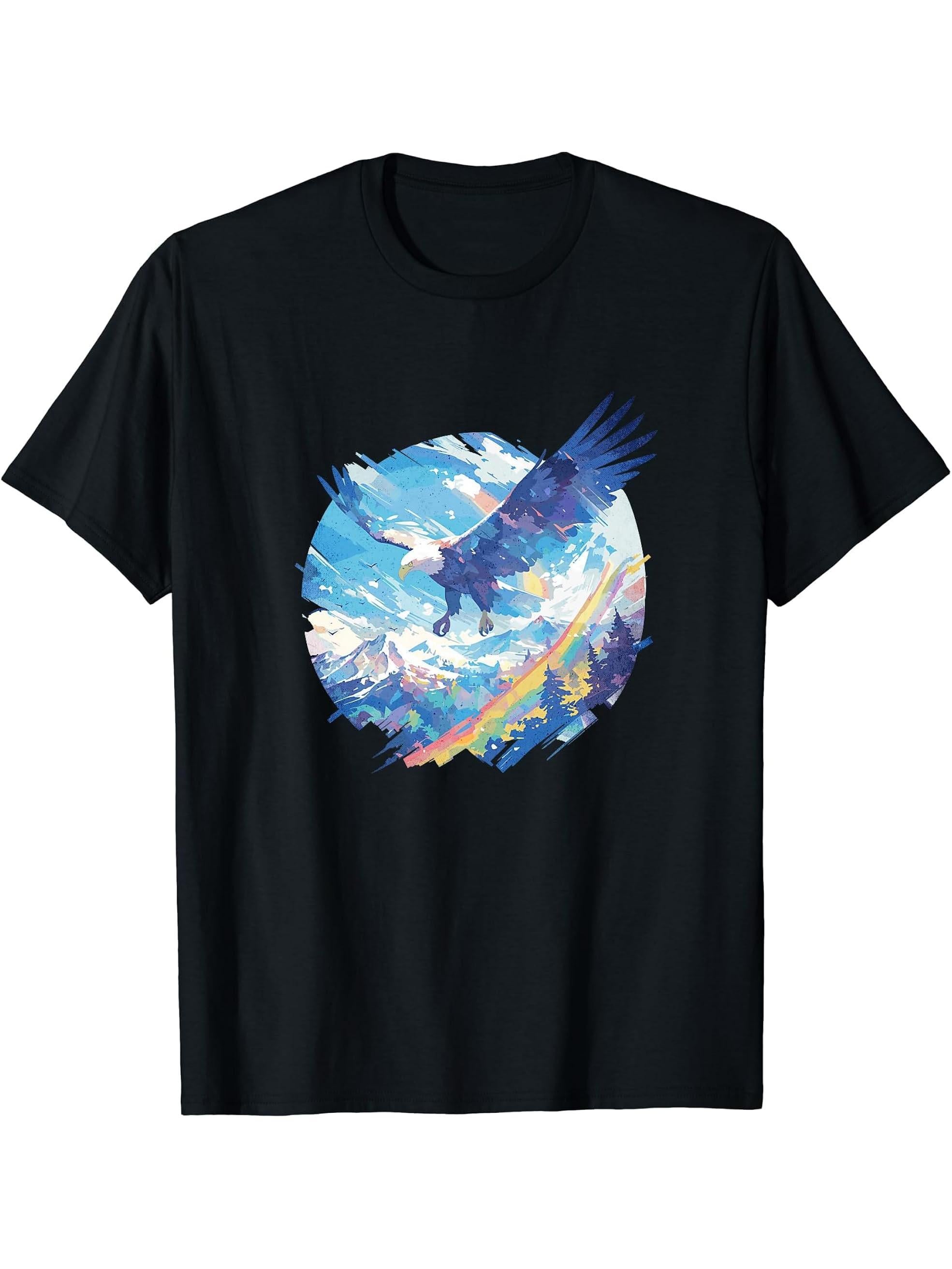 Awesome Rainbow Trail American Bald Eagle Landscape Graphic T-Shirt 180G 100% Cotton Printed Round Neck Short-Sleeve T-Shirt, Gifts for Men Dad Husband Grandpa, S-XXXL, Black