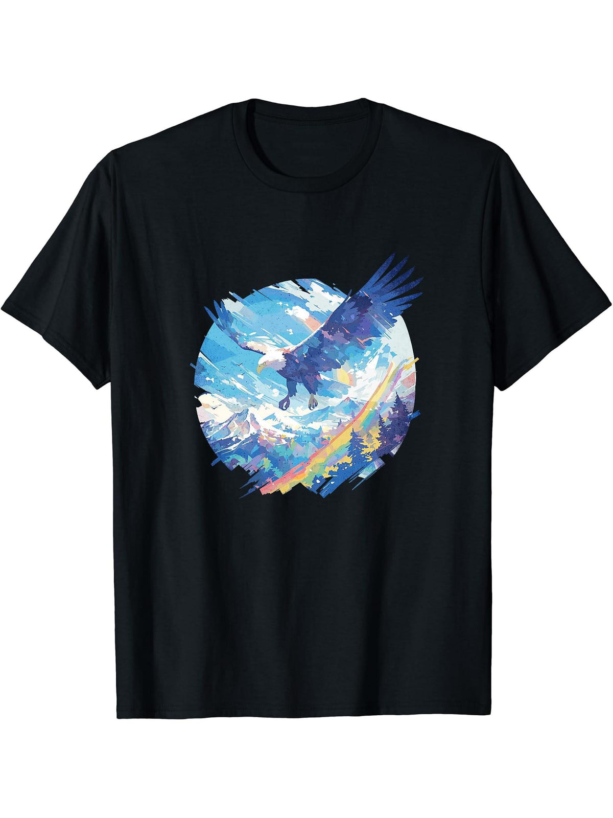 Awesome Rainbow Trail American Bald Eagle Landscape Graphic T-Shirt 180G 100% Cotton Printed Round Neck Short-Sleeve T-Shirt, Gifts for Men Dad Husband Grandpa, S-XXXL, Black