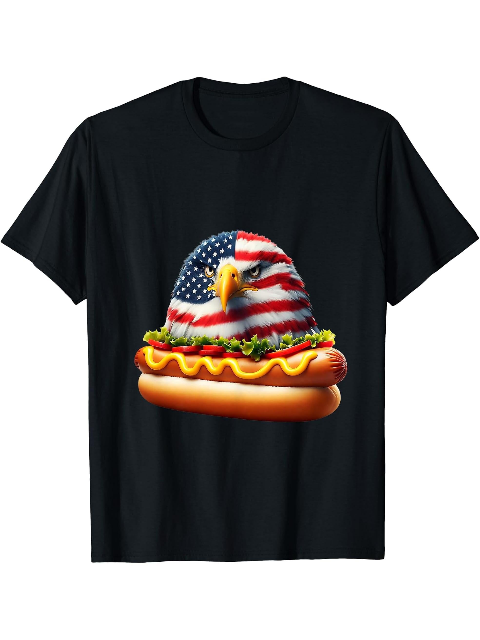 Funny Patriotic Bald Eagle Hotdog American Flag 4th Of July T-Shirt 180G 100% Cotton Printed Round Neck Short-Sleeve T-Shirt, Gifts for Men Dad Husband Grandpa, S-XXXL, Black