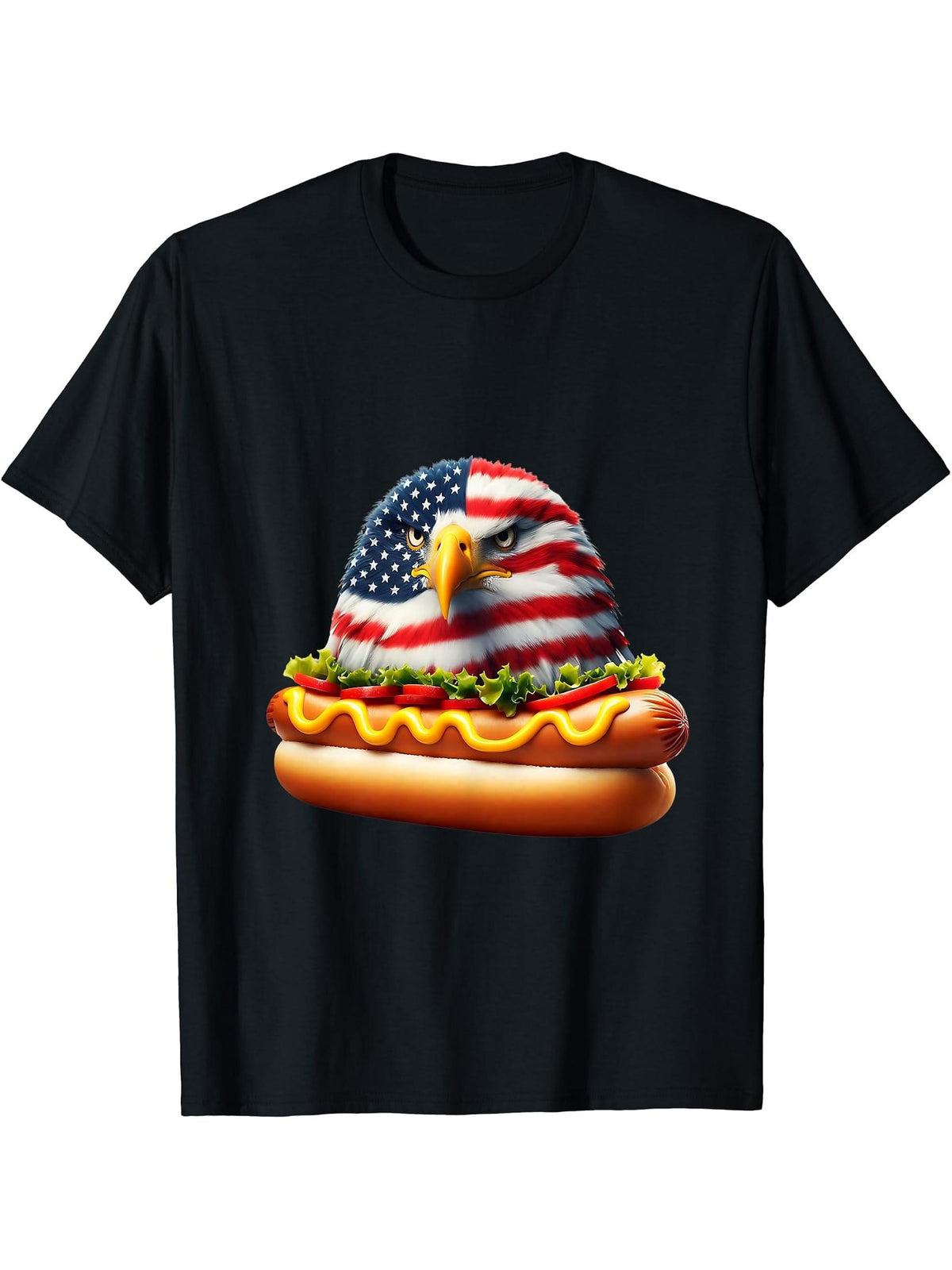 Funny Patriotic Bald Eagle Hotdog American Flag 4th Of July T-Shirt 180G 100% Cotton Printed Round Neck Short-Sleeve T-Shirt, Gifts for Men Dad Husband Grandpa, S-XXXL, Black