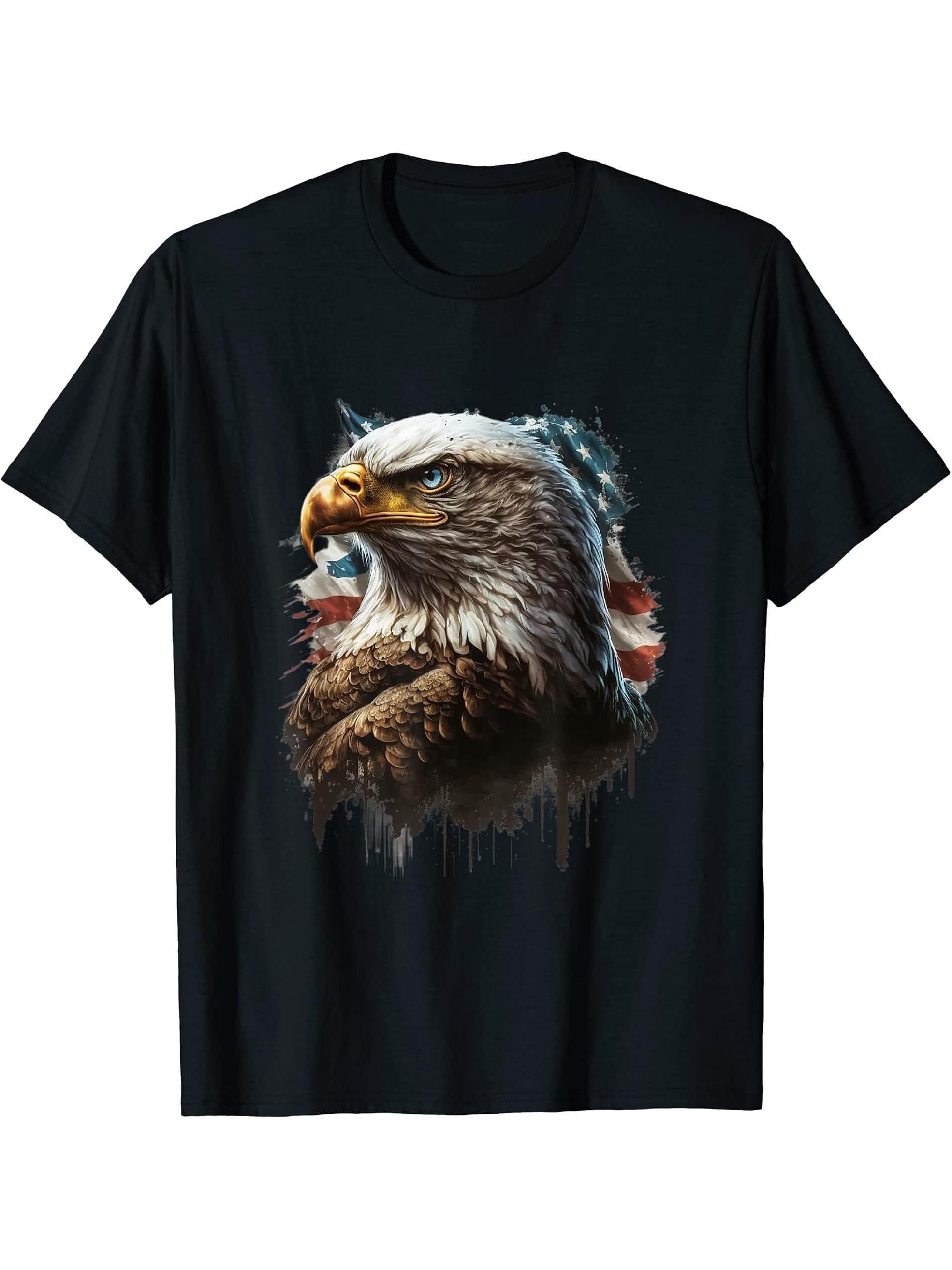American Flag I USA I Patriotic American Bald Eagle T-Shirt 180G 100% Cotton Printed Round Neck Short-Sleeve T-Shirt, Gifts for Men Dad Husband Grandpa, S-XXXL, Black