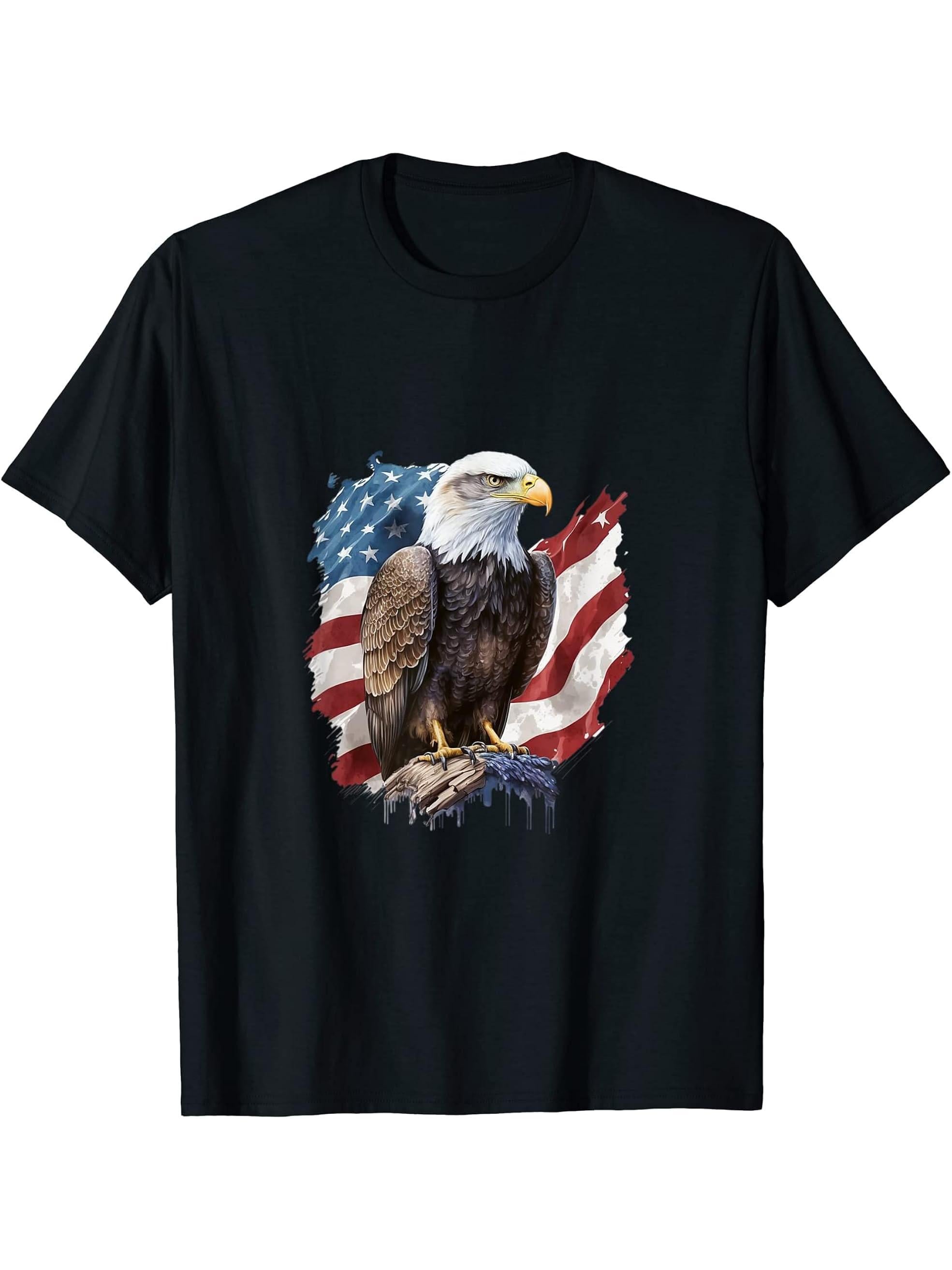 American Flag I USA I Patriotic American Bald Eagle T-Shirt 180G 100% Cotton Printed Round Neck Short-Sleeve T-Shirt, Gifts for Men Dad Husband Grandpa, S-XXXL, Black