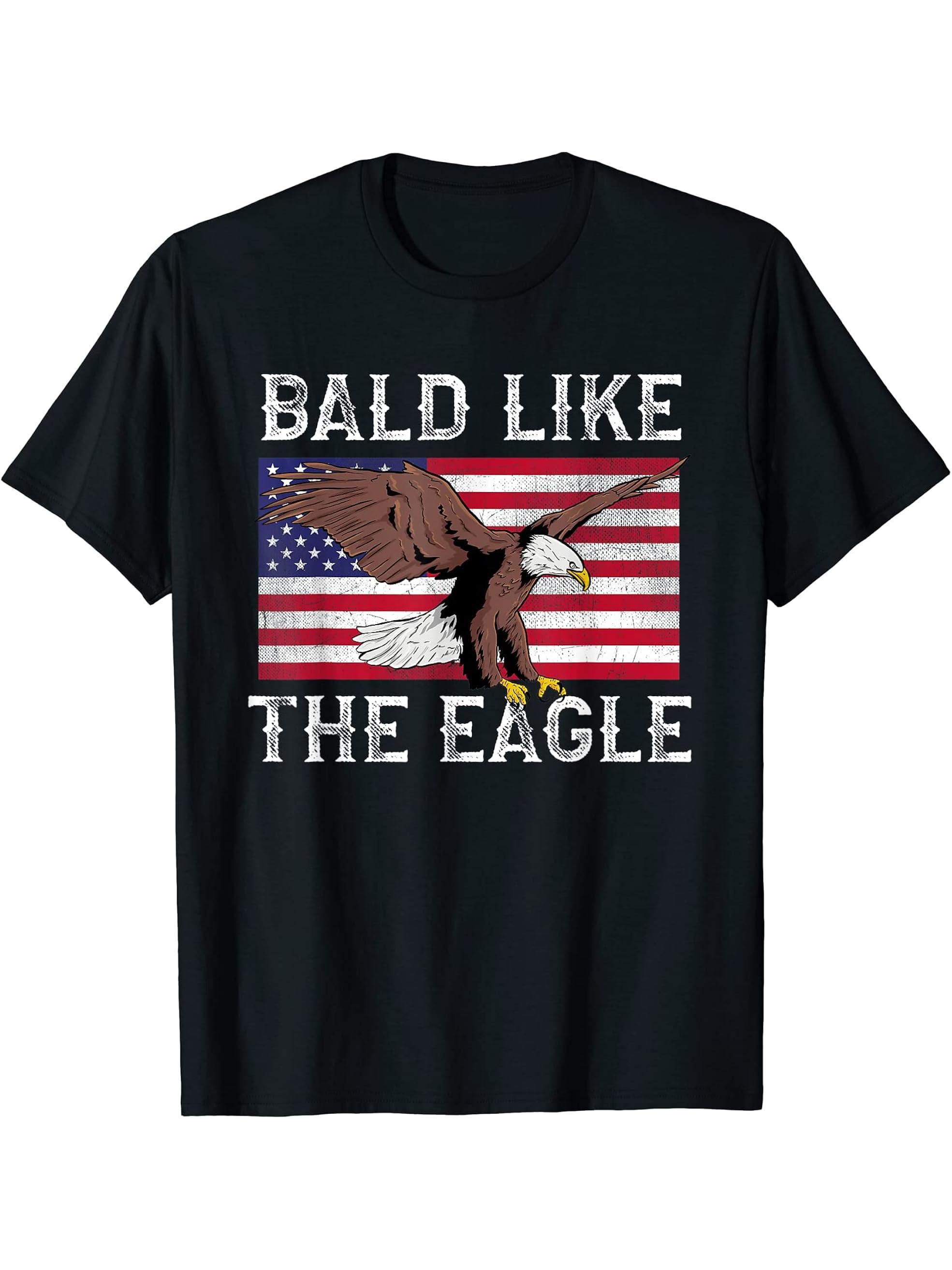 Funny Bald Like the Eagle USA Flag T-Shirt 180G 100% Cotton Printed Round Neck Short-Sleeve T-Shirt, Gifts for Men Dad Husband Grandpa, S-XXXL, Black