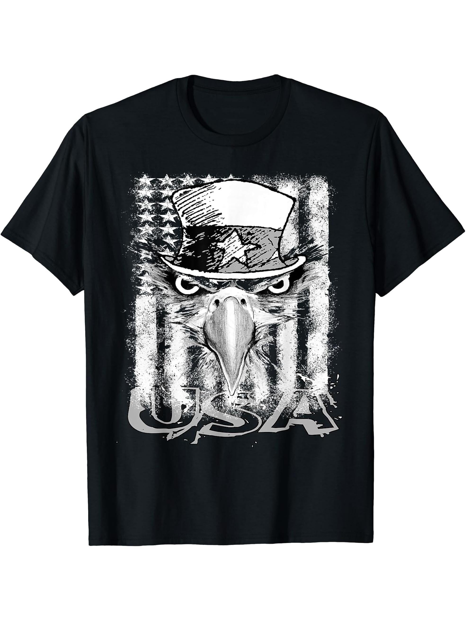 Distressed USA Flag Patriotic American Bald Eagle T-Shirt 180G 100% Cotton Printed Round Neck Short-Sleeve T-Shirt, Gifts for Men Dad Husband Grandpa, S-XXXL, Black