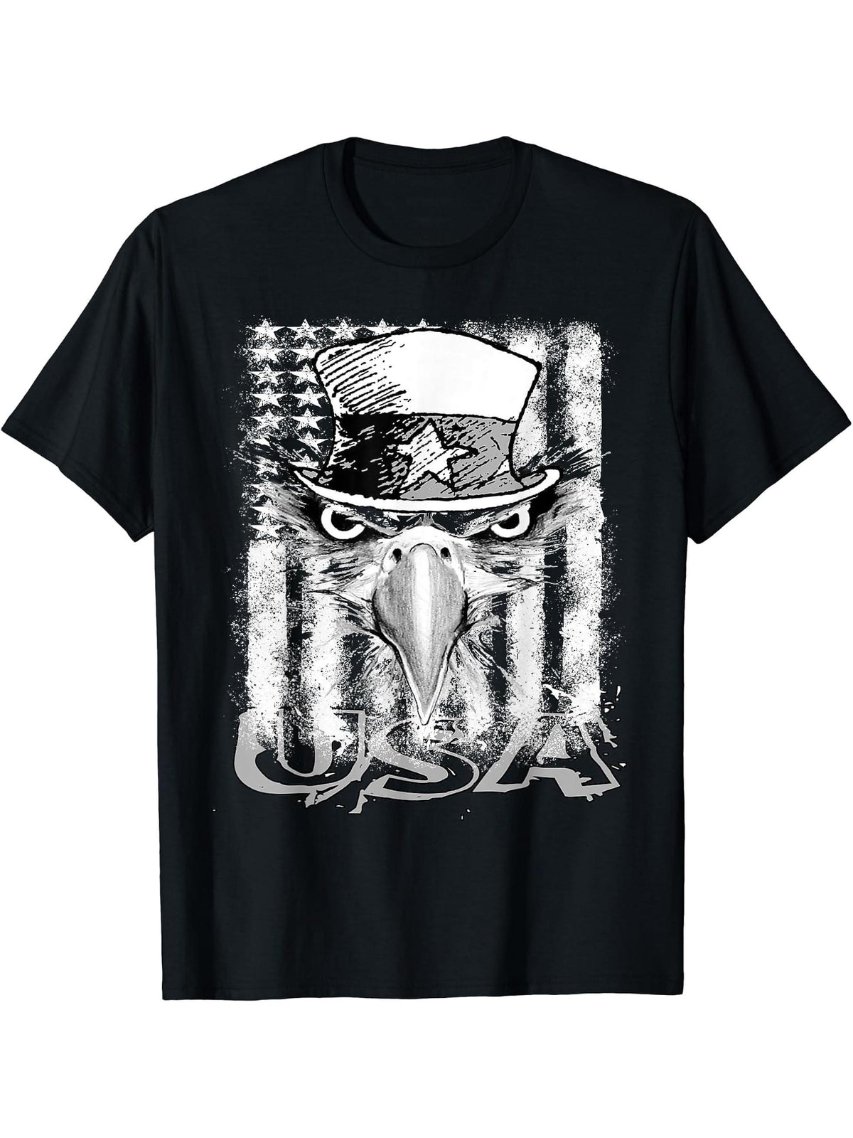 Distressed USA Flag Patriotic American Bald Eagle T-Shirt 180G 100% Cotton Printed Round Neck Short-Sleeve T-Shirt, Gifts for Men Dad Husband Grandpa, S-XXXL, Black