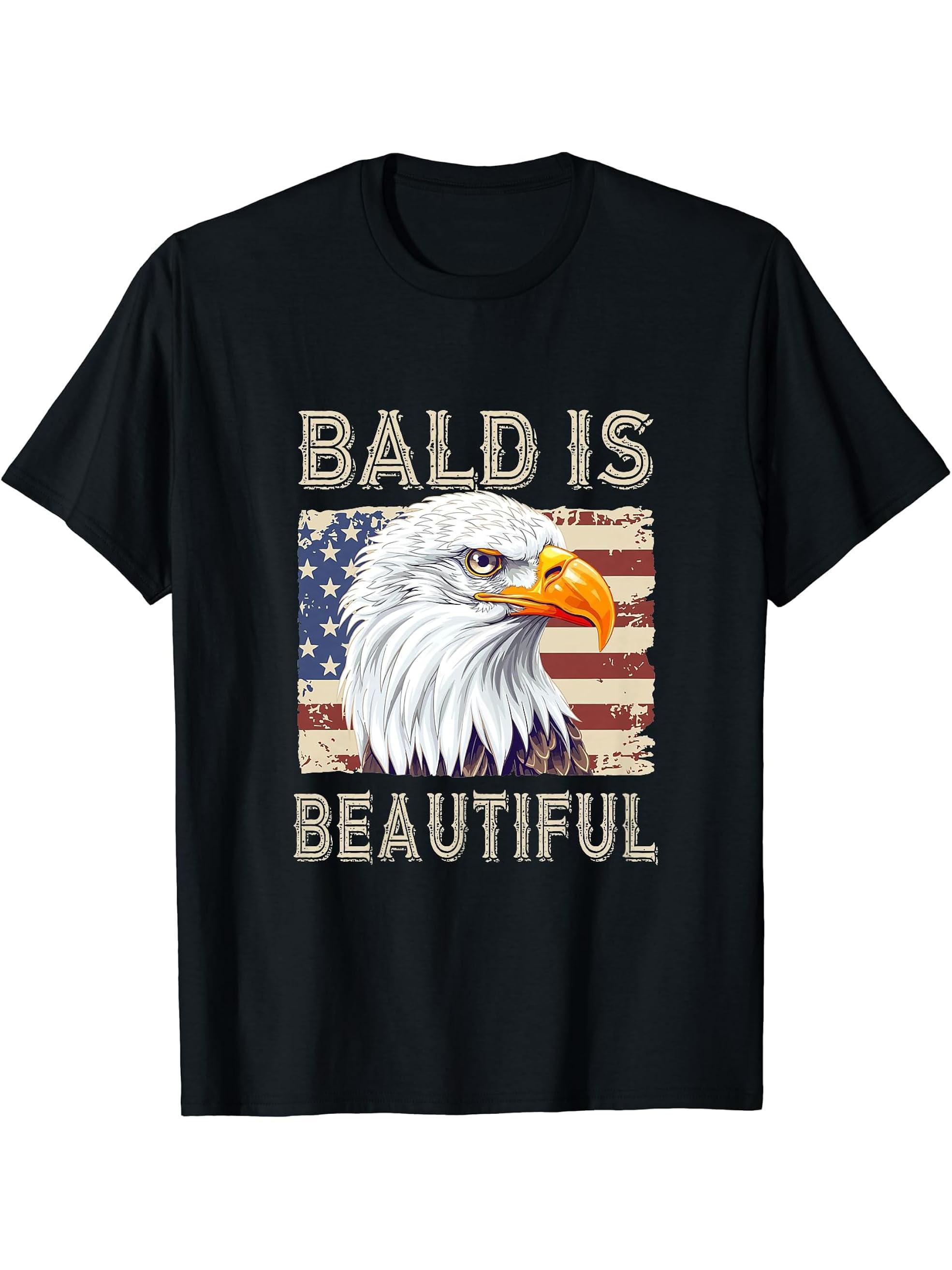 Bald Is Beautiful Eagle T-Shirt 180G 100% Cotton Printed Round Neck Short-Sleeve T-Shirt, Gifts for Men Dad Husband Grandpa, S-XXXL, Black