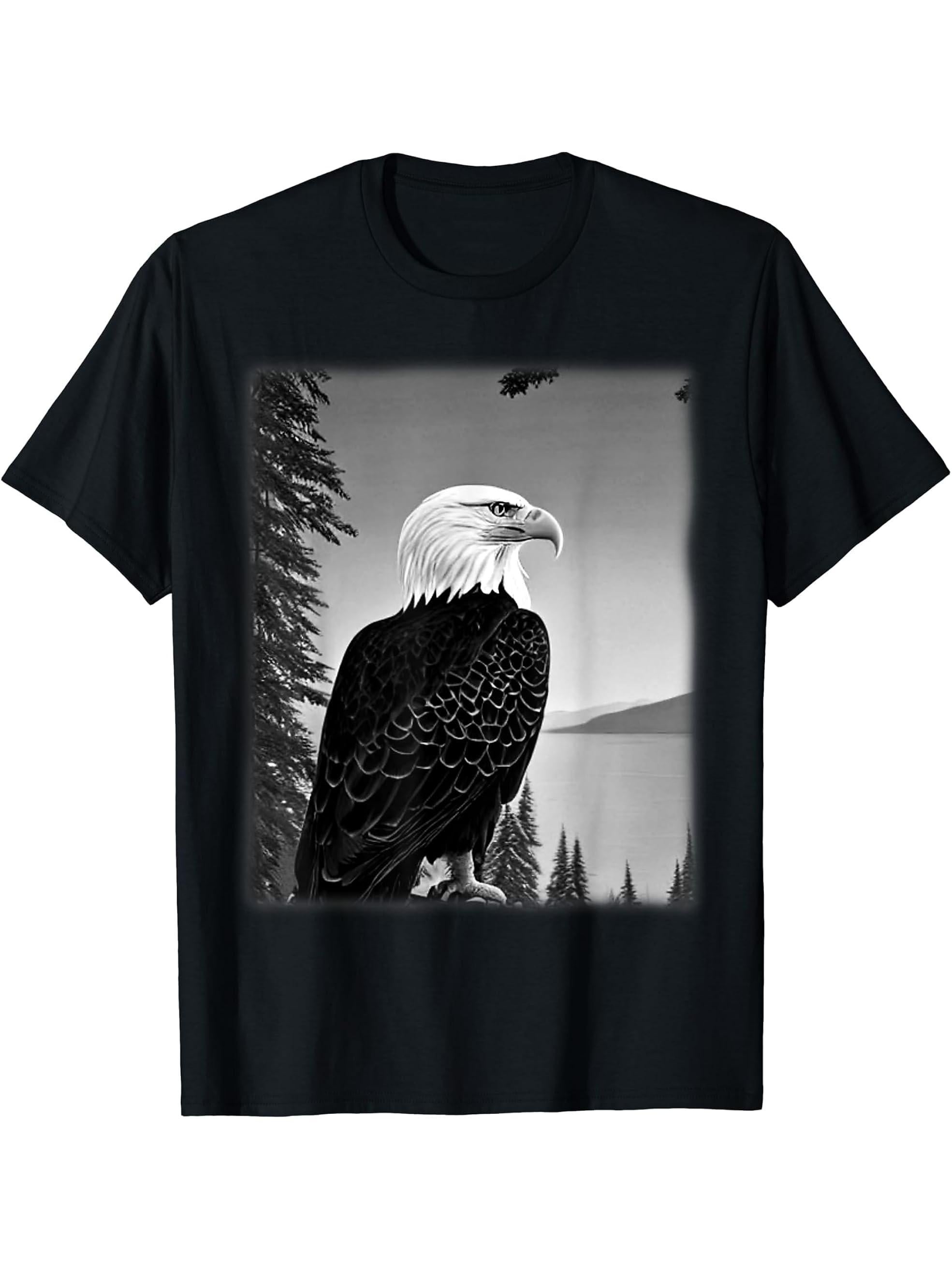 Bald Eagle American National Symbol Animal Patriotic Freedom T-Shirt 180G 100% Cotton Printed Round Neck Short-Sleeve T-Shirt, Gifts for Men Dad Husband Grandpa, S-XXXL, Black