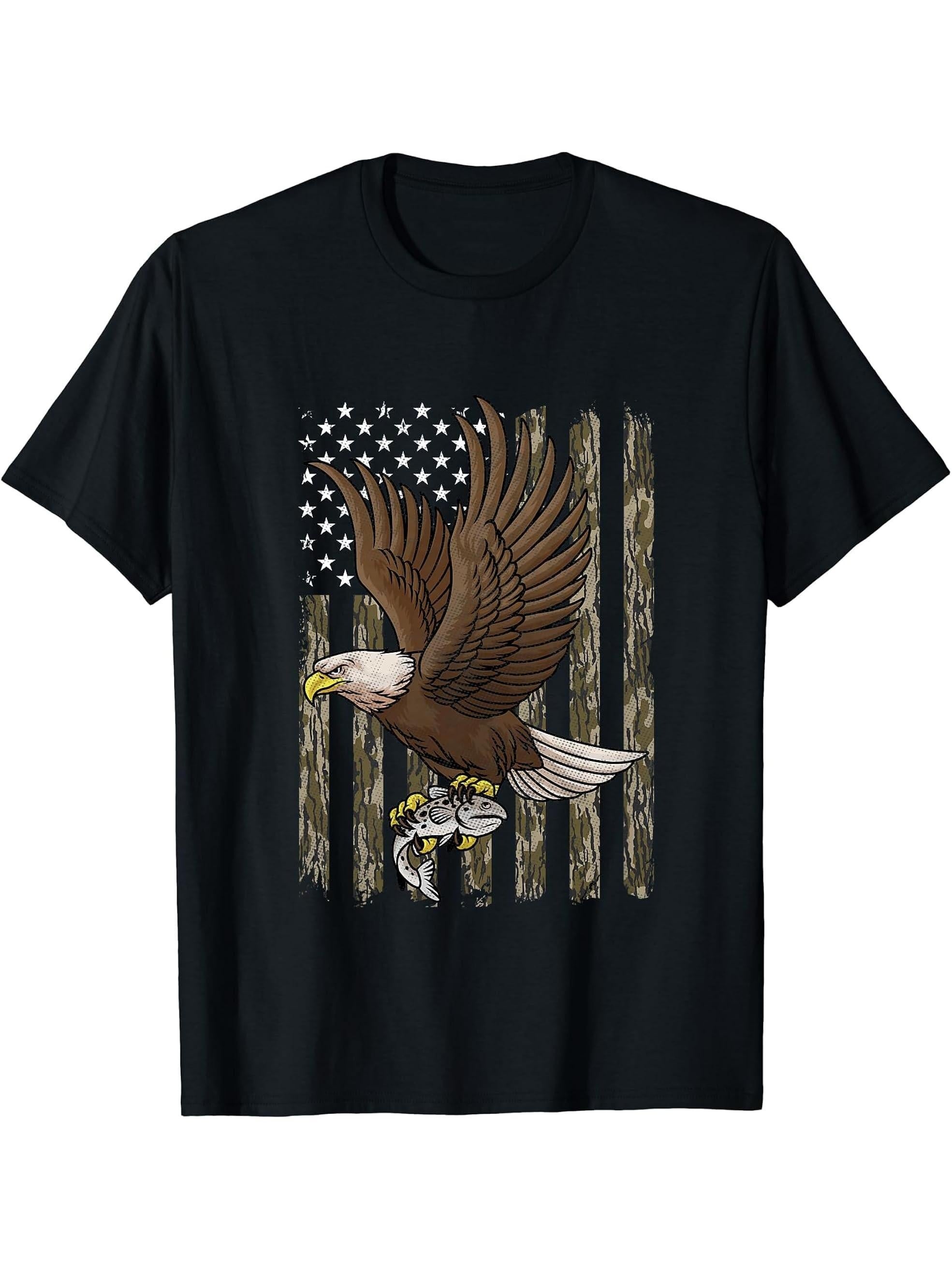 American Bald Eagle American Flag Camouflage Fishing Hunting T-Shirt 180G 100% Cotton Printed Round Neck Short-Sleeve T-Shirt, Gifts for Men Dad Husband Grandpa, S-XXXL, Black