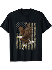 American Bald Eagle American Flag Camouflage Fishing Hunting T-Shirt 180G 100% Cotton Printed Round Neck Short-Sleeve T-Shirt, Gifts for Men Dad Husband Grandpa, S-XXXL, Black