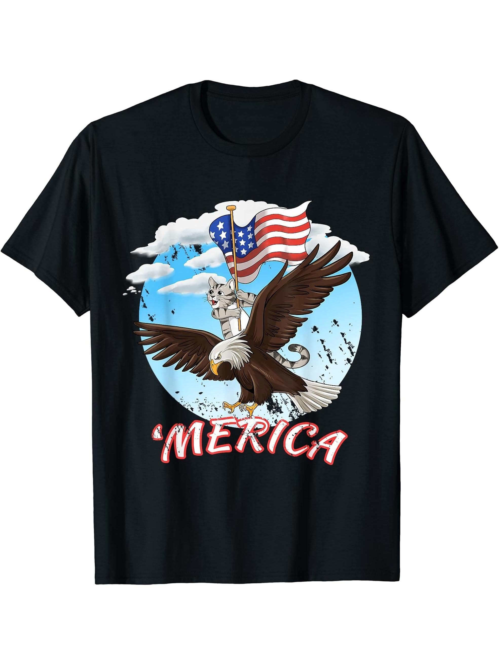 Funny Cat Bald Eagle American Flag Shirt I Merica Shirt T-Shirt 180G 100% Cotton Printed Round Neck Short-Sleeve T-Shirt, Gifts for Men Dad Husband Grandpa, S-XXXL, Black
