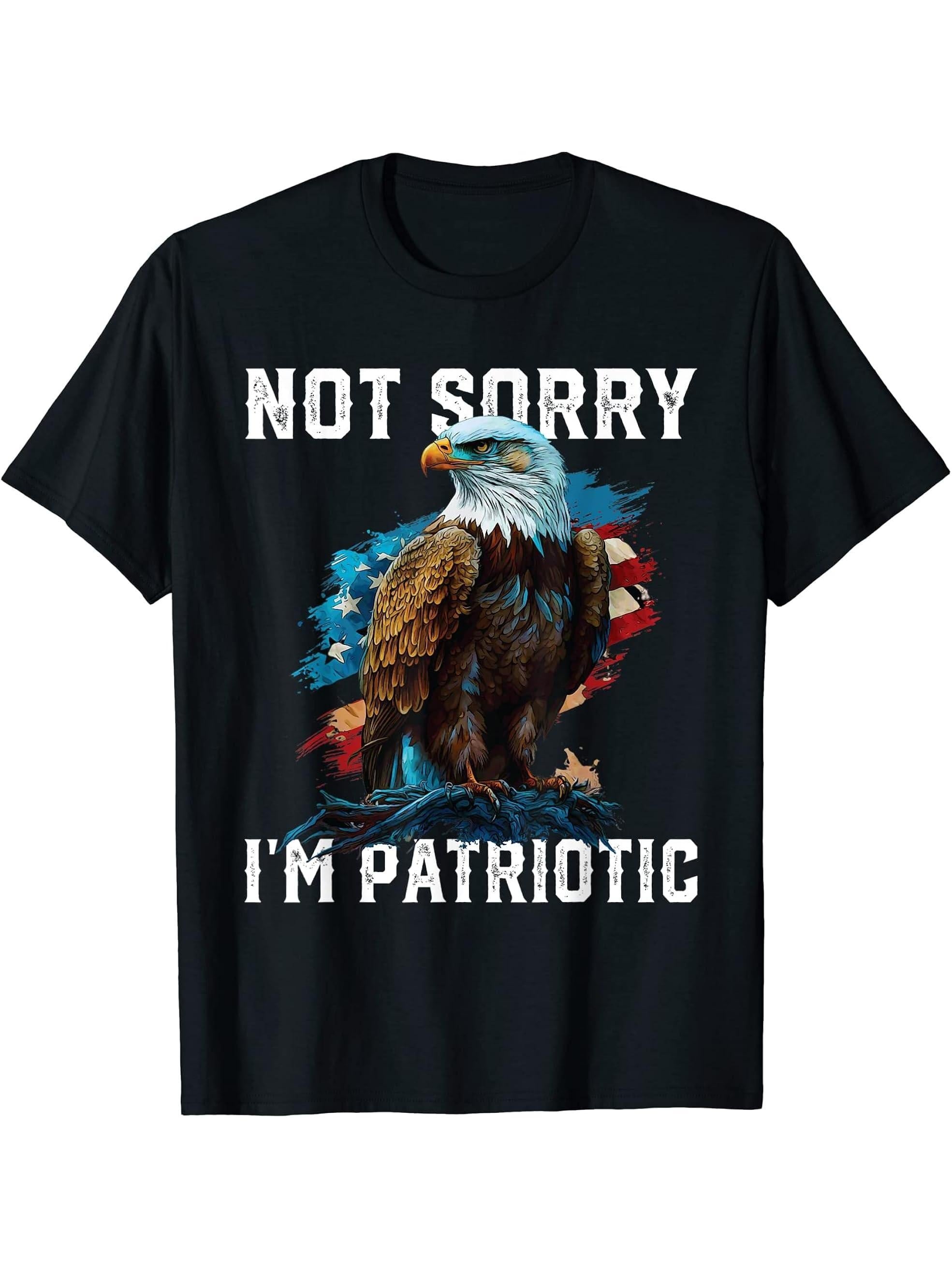 Not Sorry I'm Patriotic American Bald Eagle America T-Shirt 180G 100% Cotton Printed Round Neck Short-Sleeve T-Shirt, Gifts for Men Dad Husband Grandpa, S-XXXL, Black