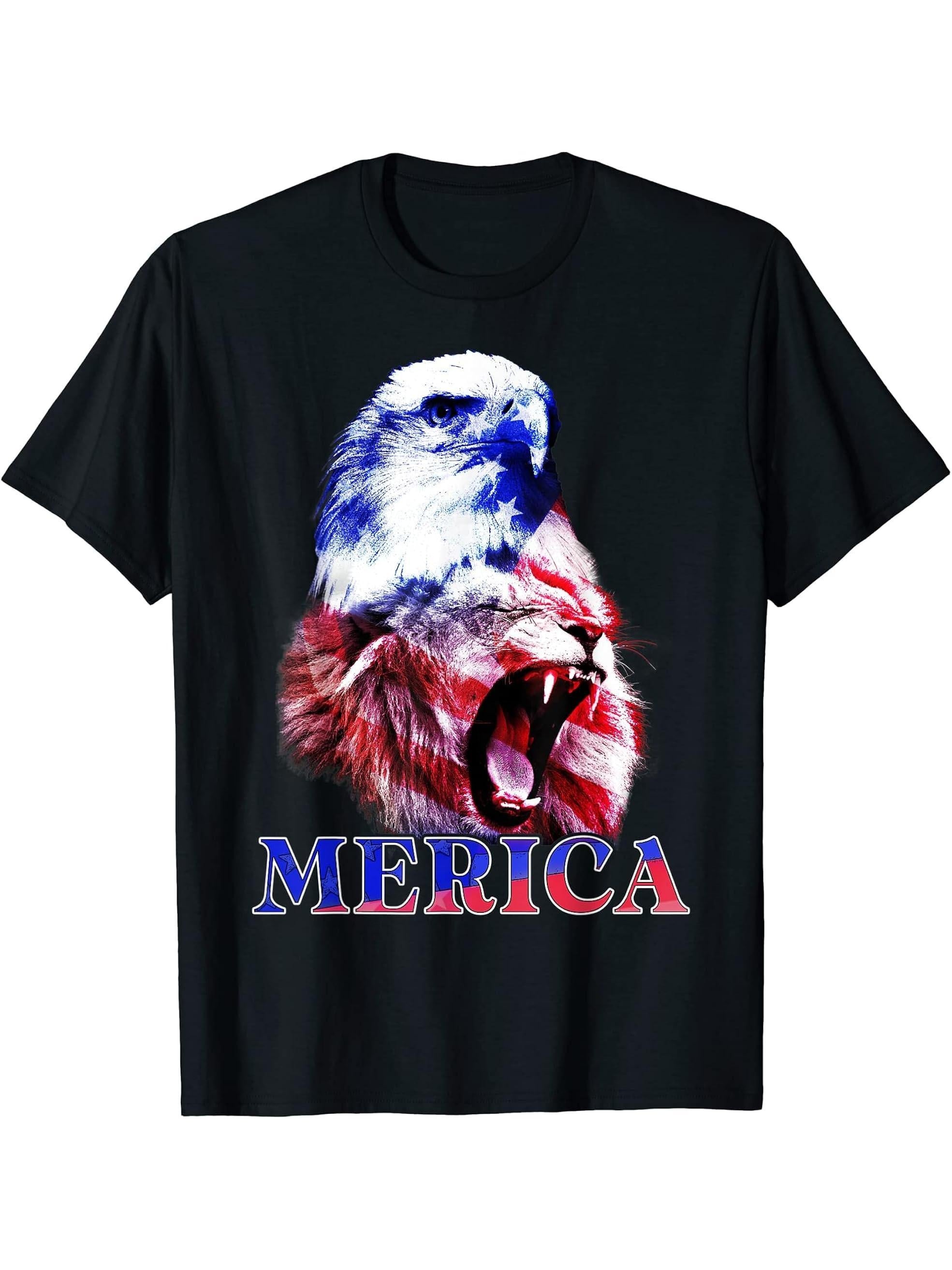 Bald Eagle Merica Lion 4th of July American Flag T-Shirt 180G 100% Cotton Printed Round Neck Short-Sleeve T-Shirt, Gifts for Men Dad Husband Grandpa, S-XXXL, Black