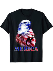 Bald Eagle Merica Lion 4th of July American Flag T-Shirt 180G 100% Cotton Printed Round Neck Short-Sleeve T-Shirt, Gifts for Men Dad Husband Grandpa, S-XXXL, Black