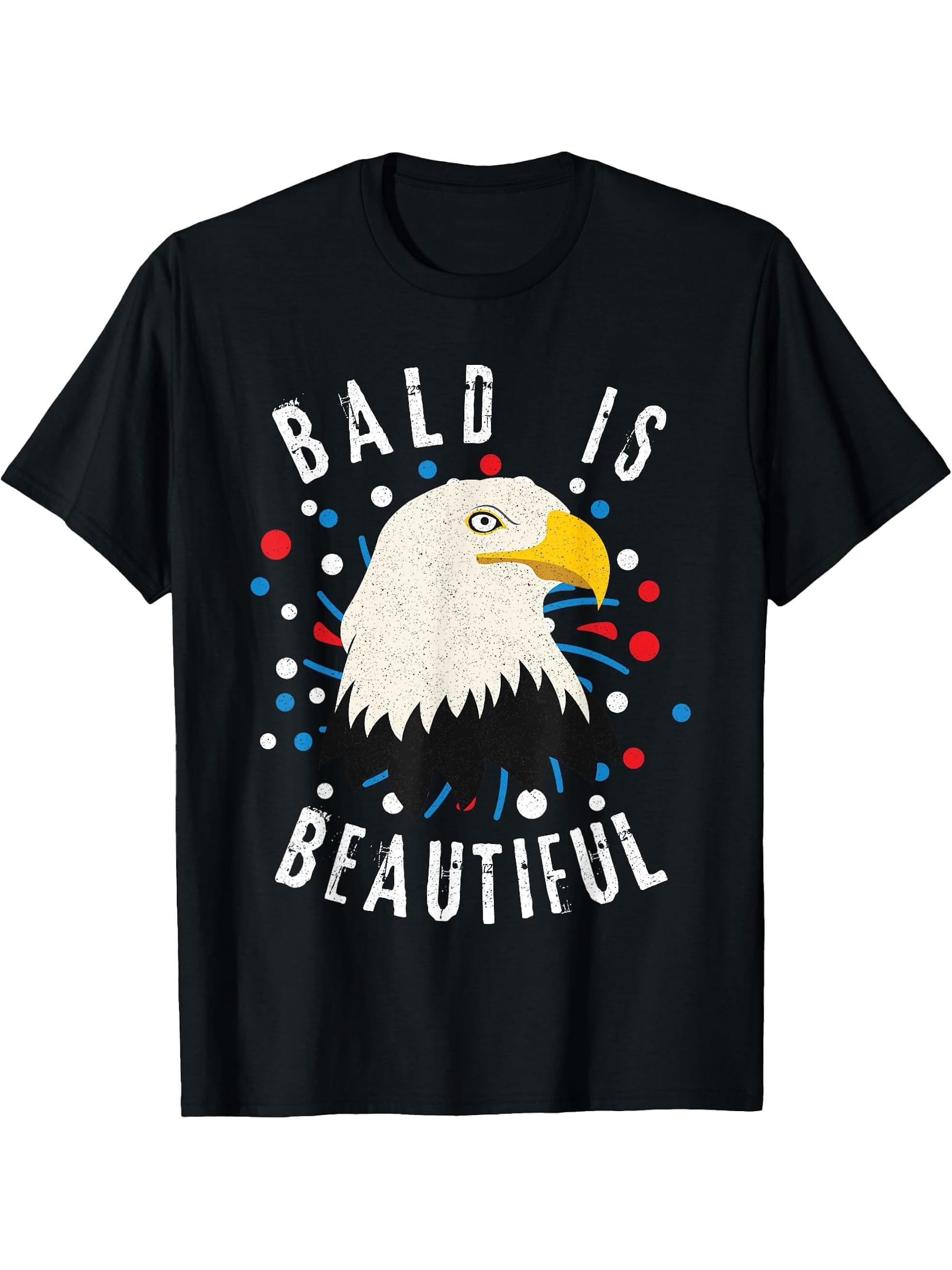 American Bald Eagle Bald is Beautiful 4th of July Vintage T-Shirt 180G 100% Cotton Printed Round Neck Short-Sleeve T-Shirt, Gifts for Men Dad Husband Grandpa, S-XXXL, Black