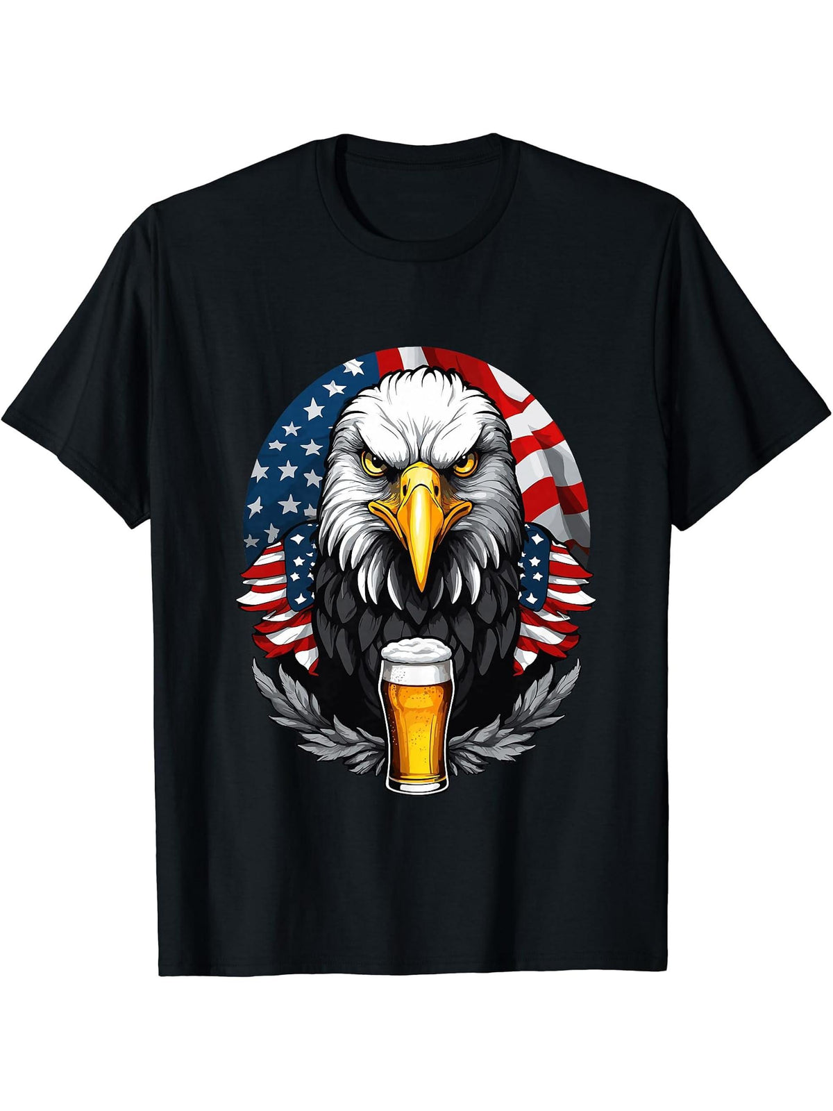 Funny Patriotic Bald Eagle With Beer Mug T-Shirt 180G 100% Cotton Printed Round Neck Short-Sleeve T-Shirt, Gifts for Men Dad Husband Grandpa, S-XXXL, Black